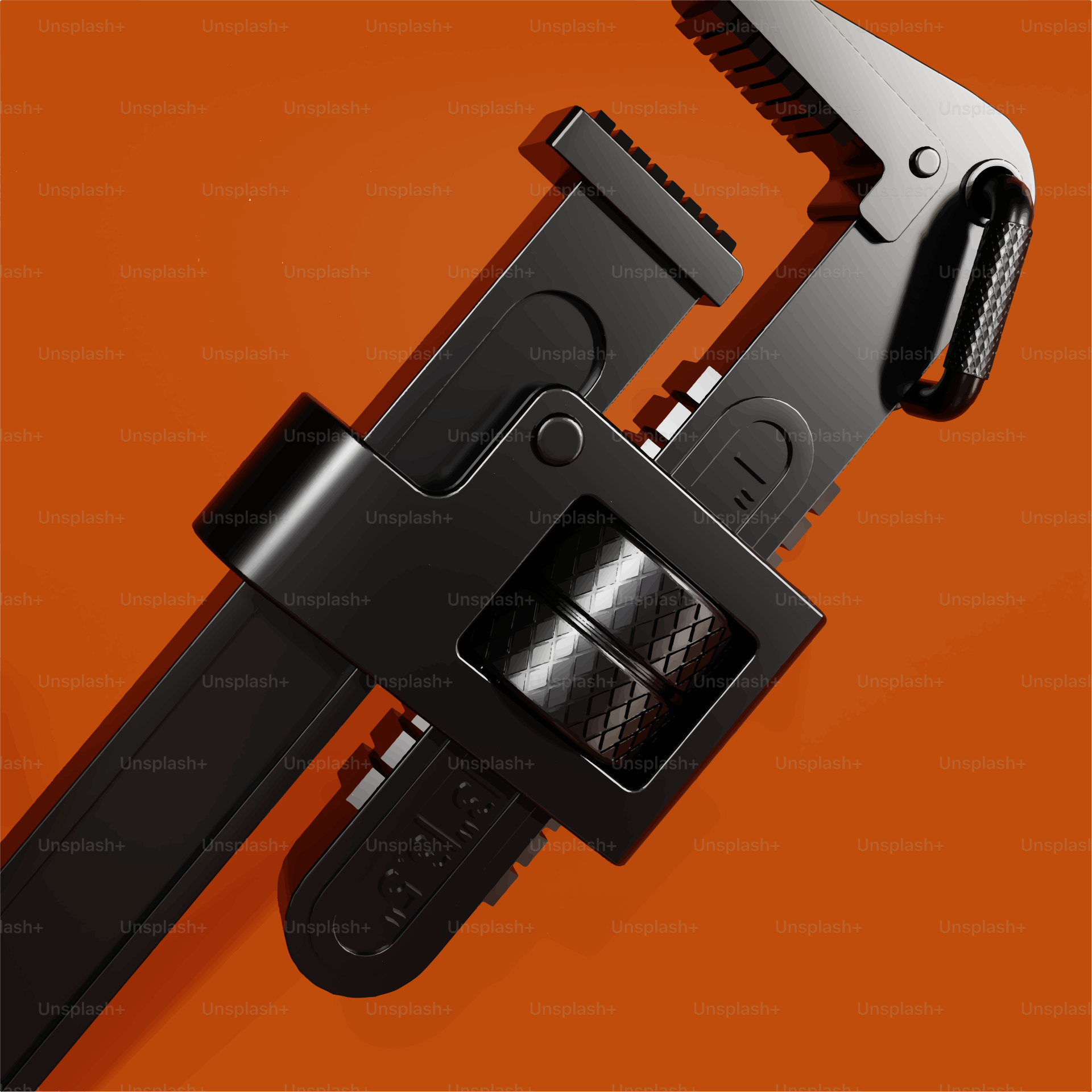 A black pipe wrench on an orange background