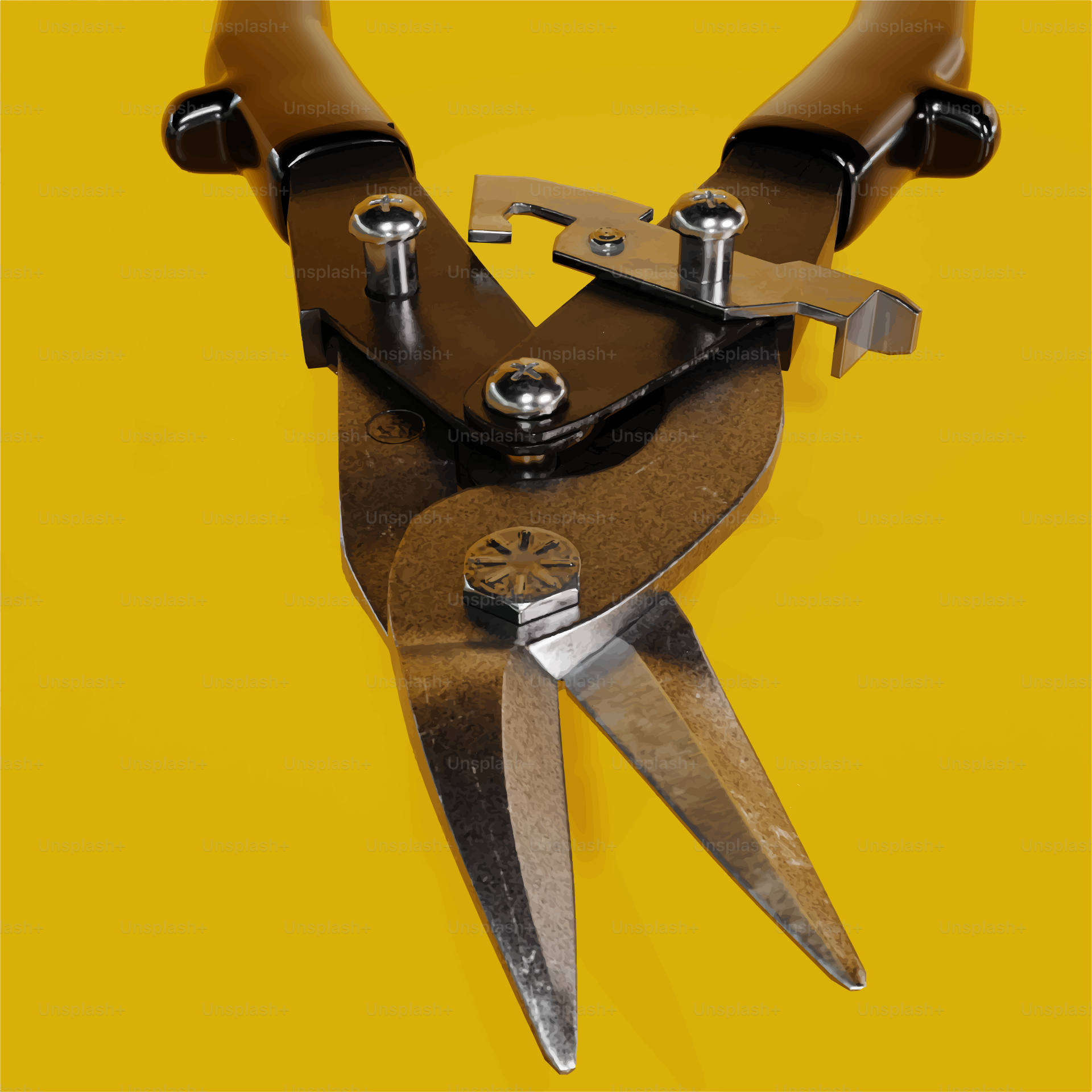 A close-up of metal snips on a yellow background