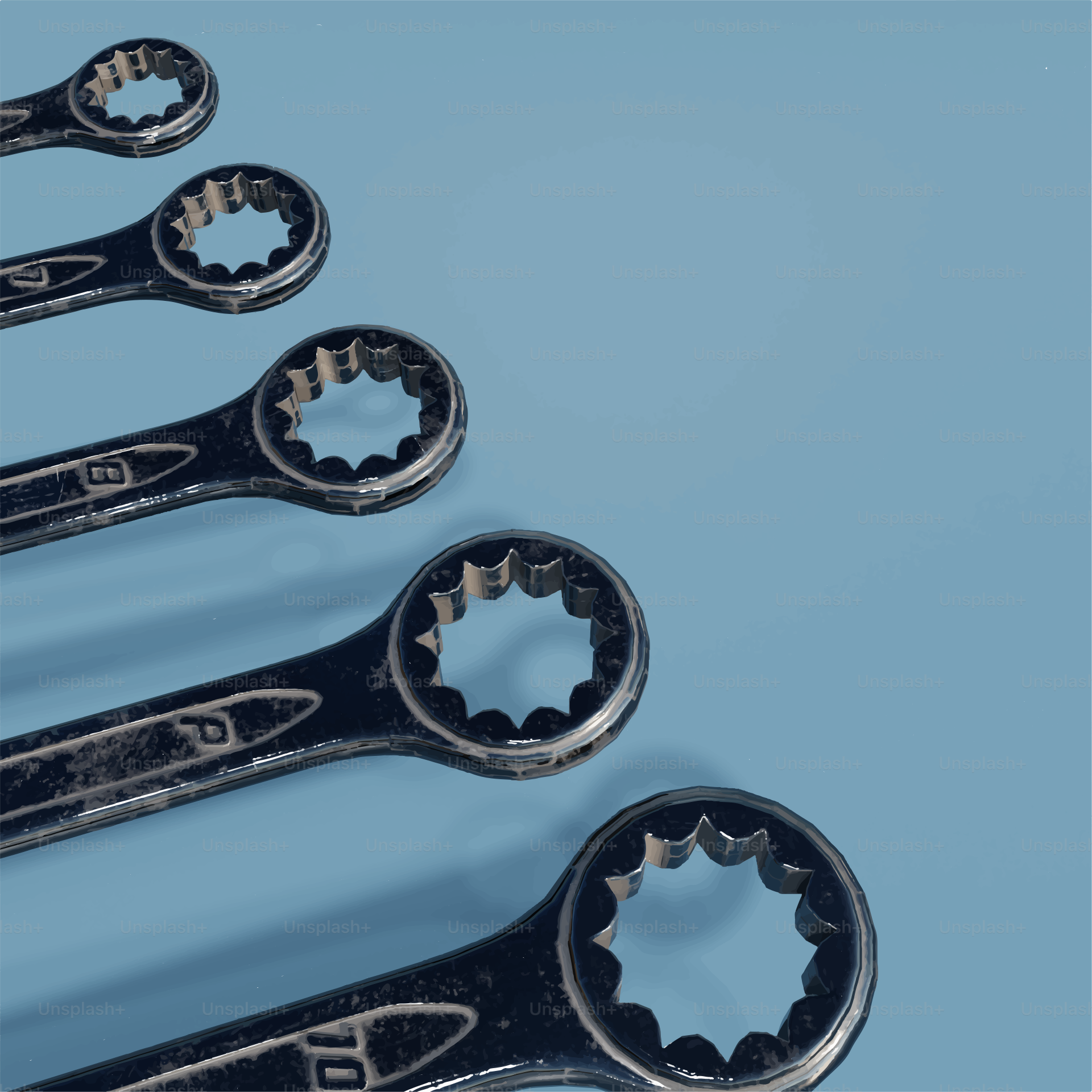 Several wrenches arranged diagonally on a blue background
