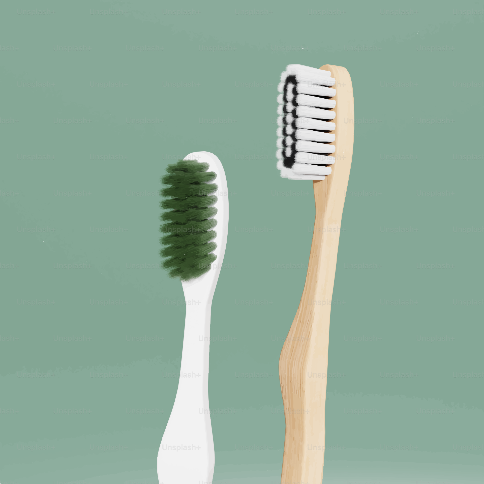 Two toothbrushes, one white, one bamboo