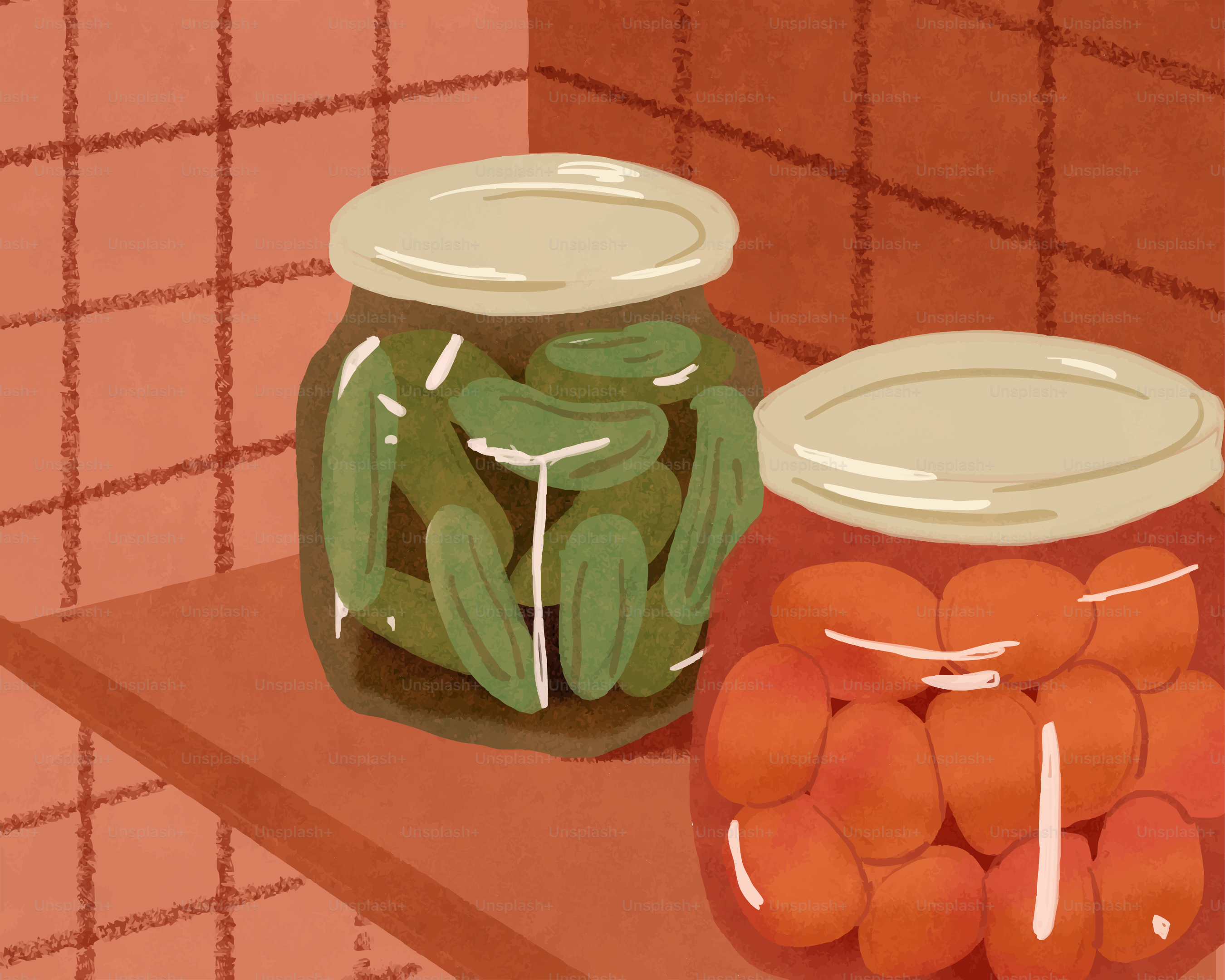 Two jars of preserved pickles and tomatoes