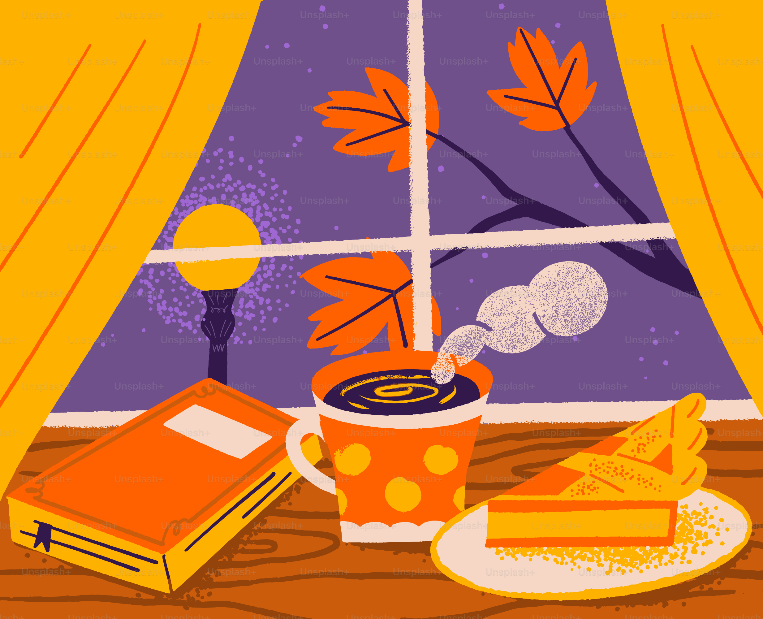 Gemütliche Herbstszene mit Kuchen, Kaffee und Buch.