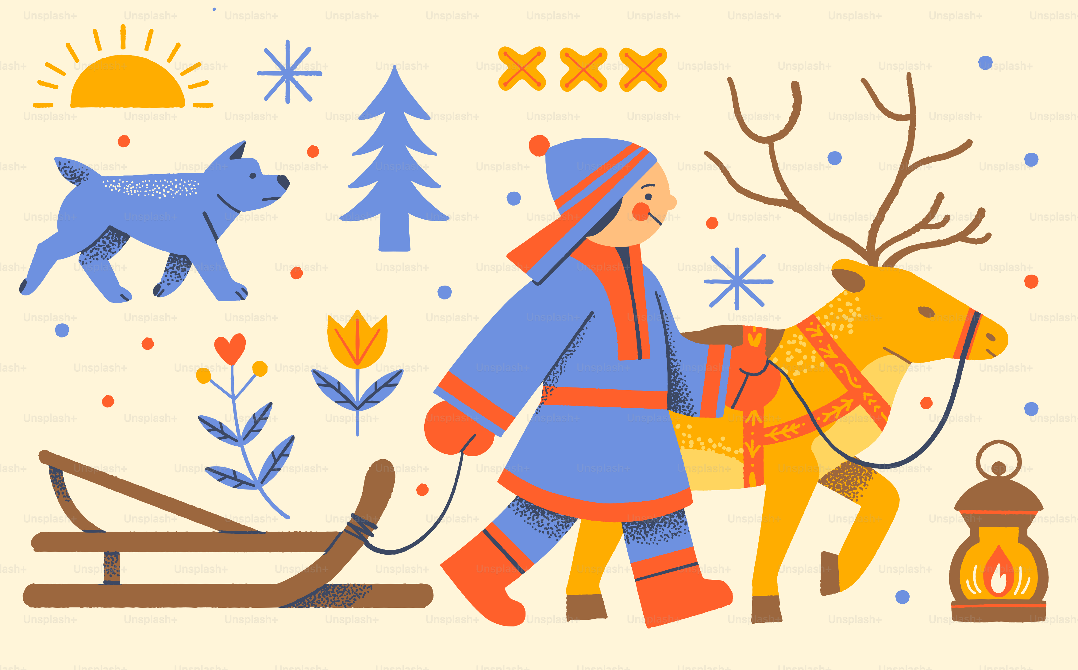 Child with reindeer and sled in snowy landscape