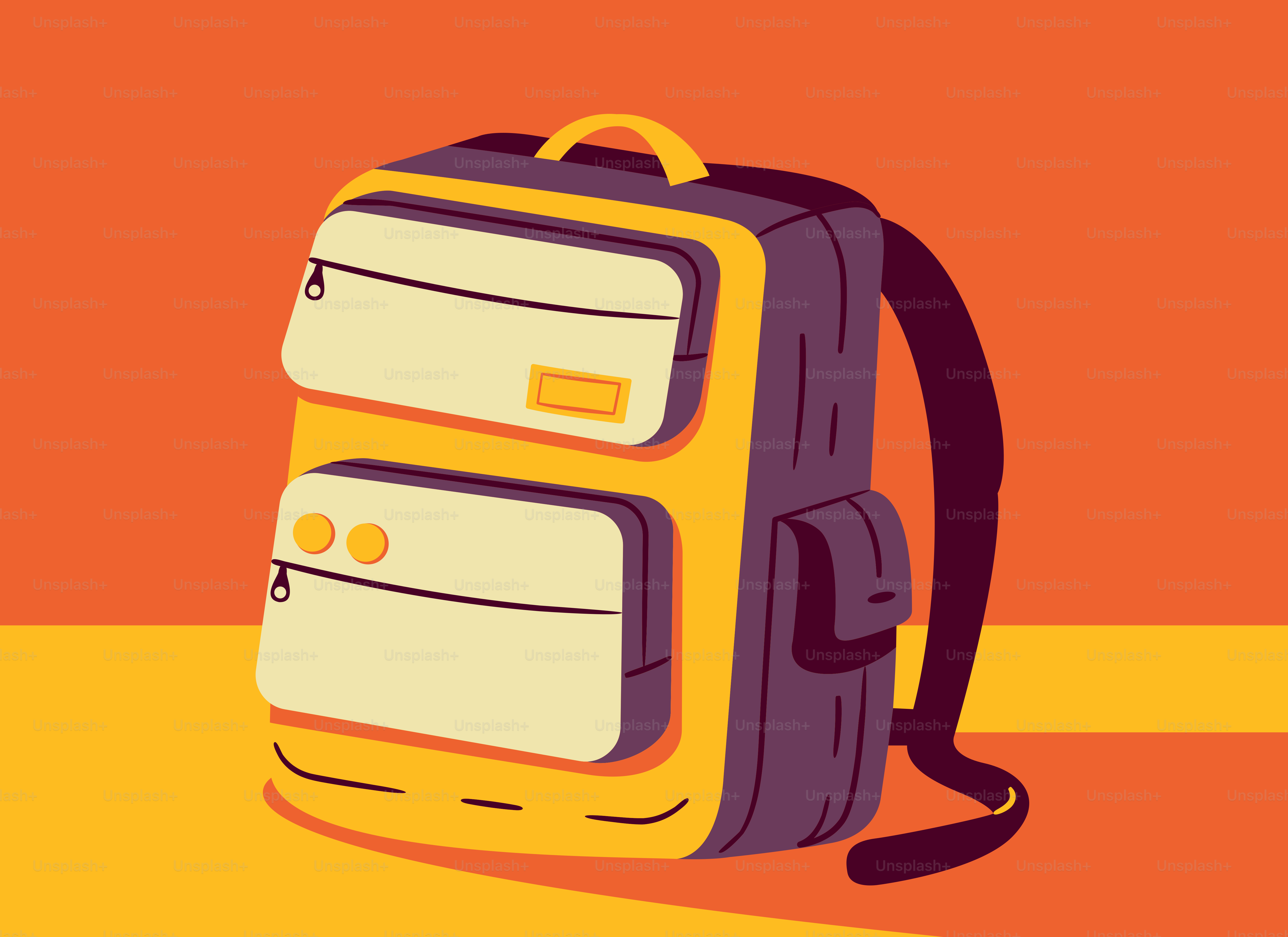 A yellow and purple backpack on an orange background