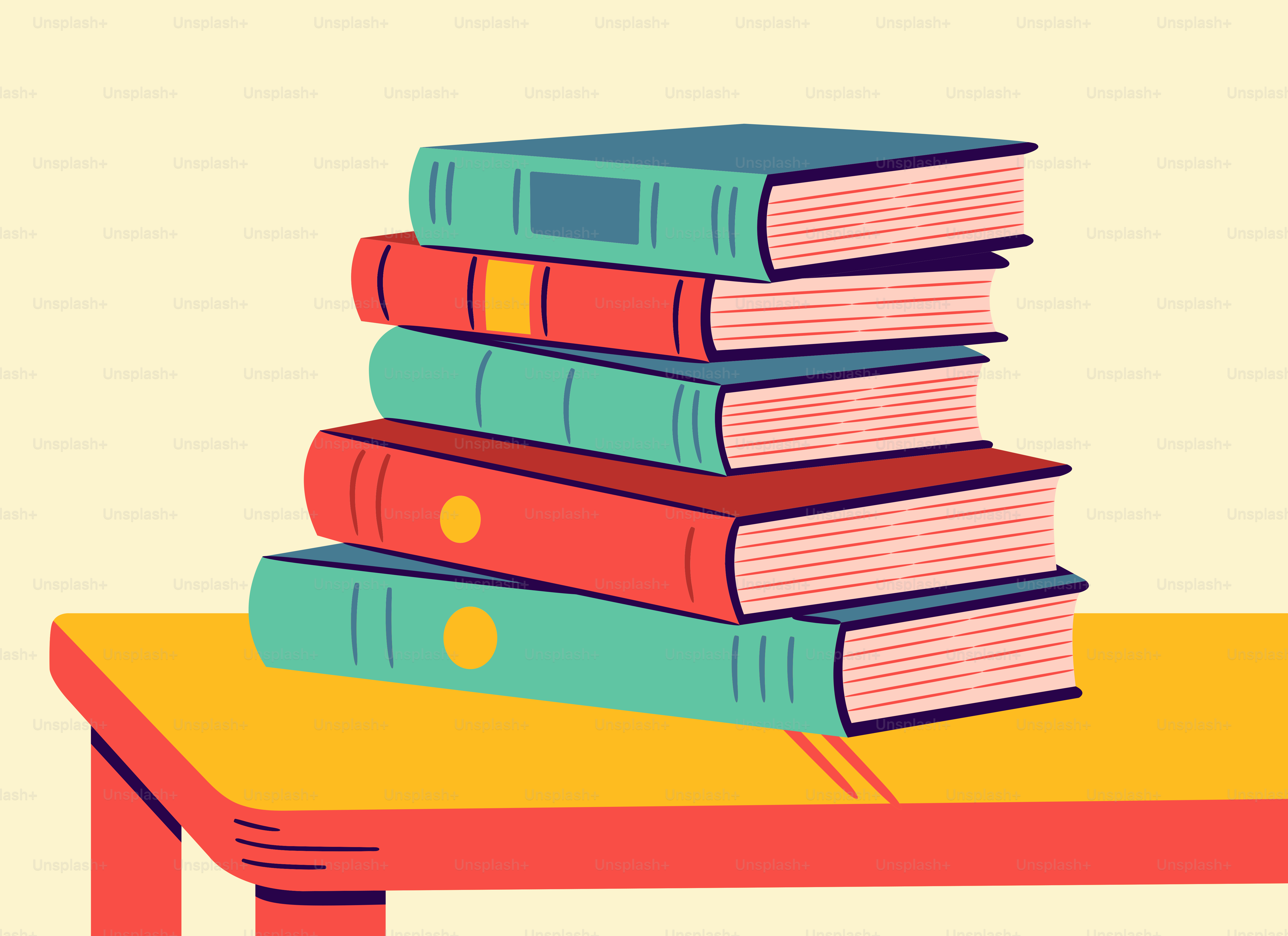 Stack of colorful books on a yellow table.