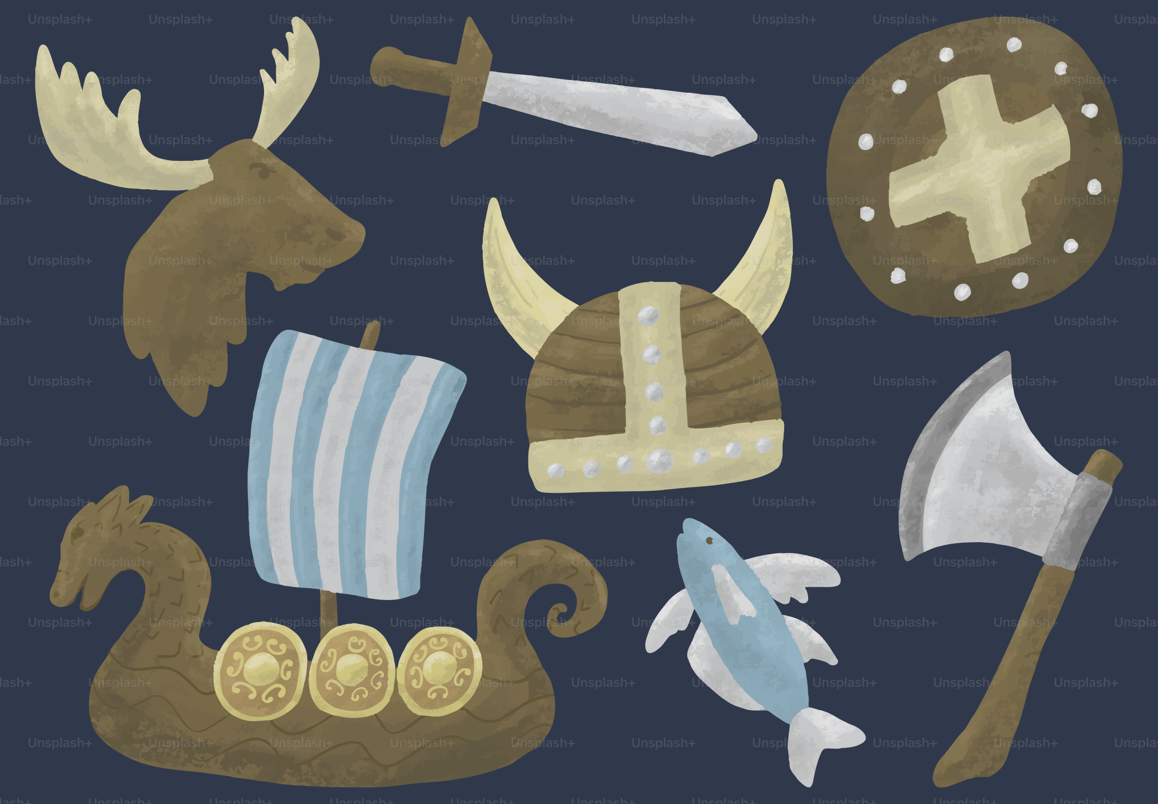 Viking ship, helmet, sword, axe, shield, moose, and fish.
