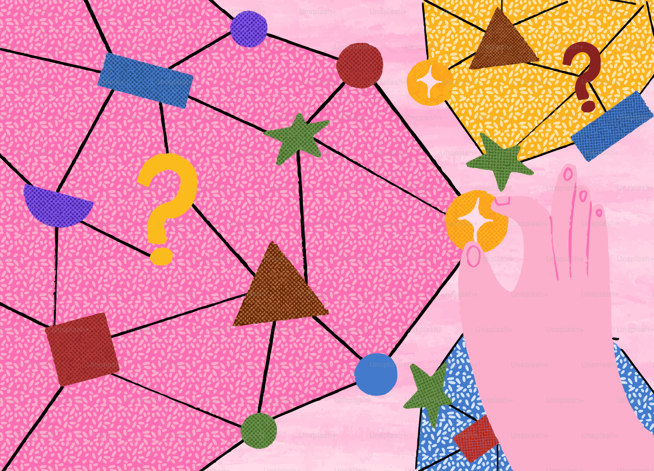 Hand connecting colorful geometric shapes in a network vector ...