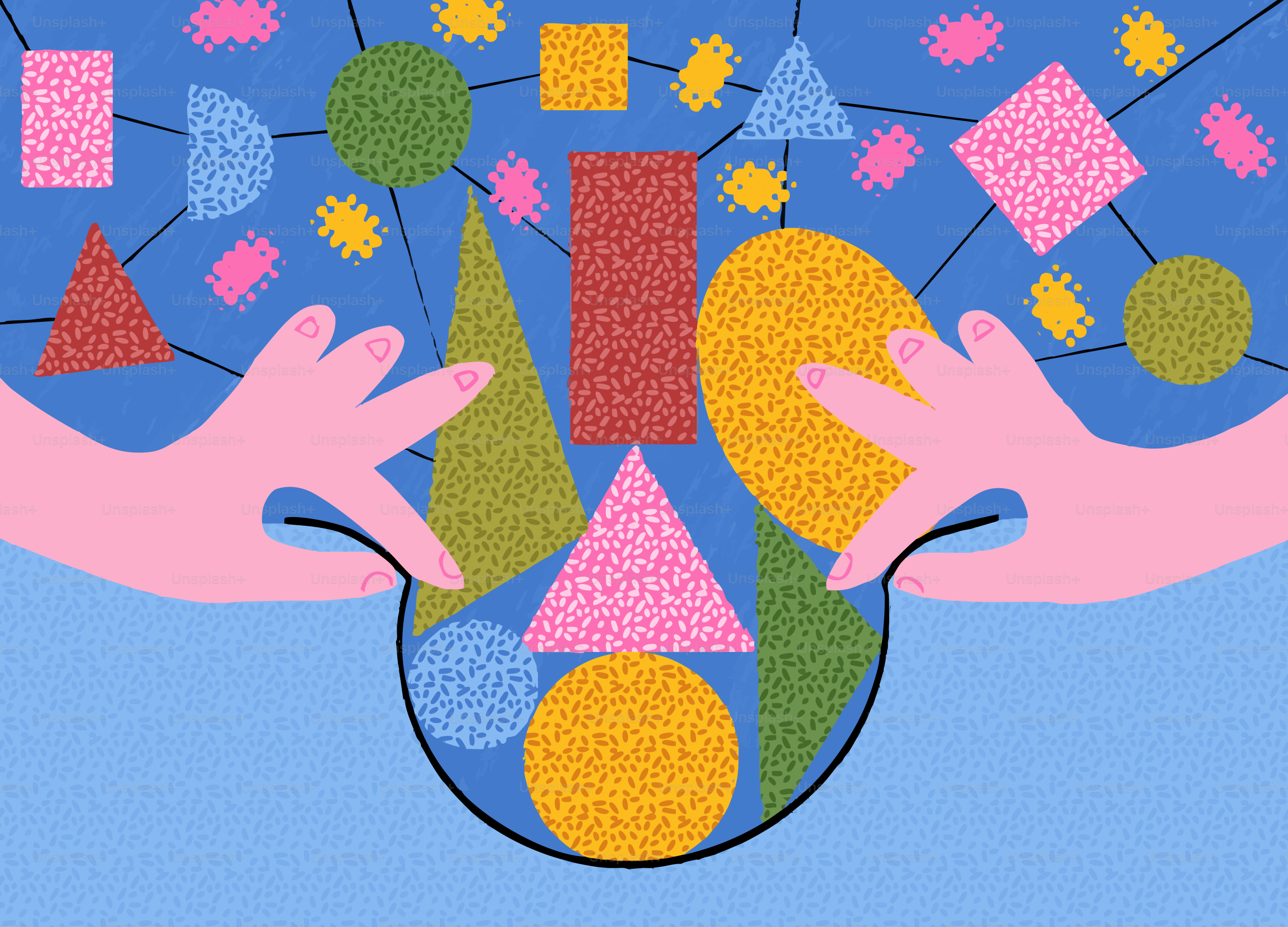 Hands arranging colorful geometric shapes in a bowl.