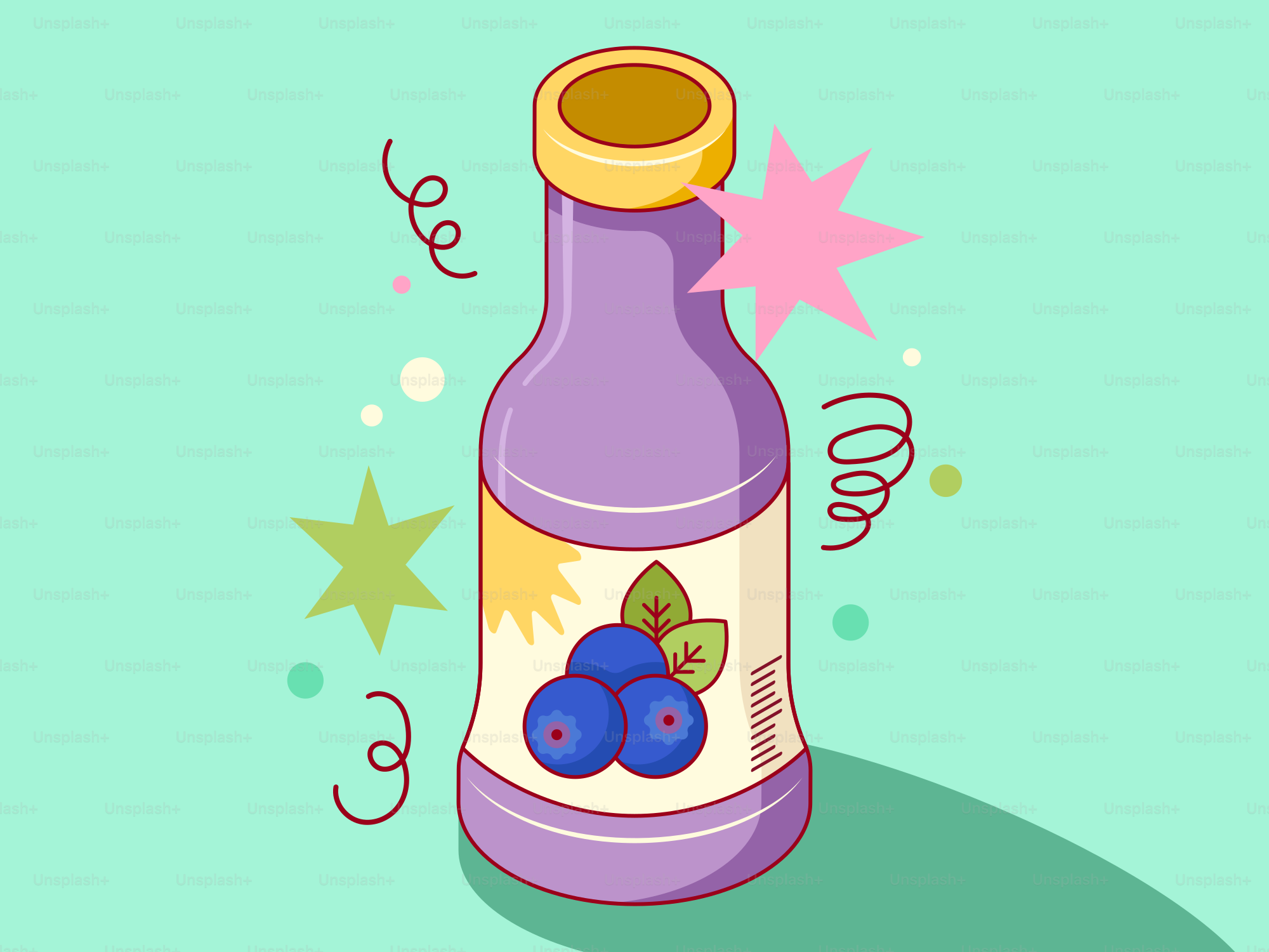 A bottle of blueberry juice with festive decorations.