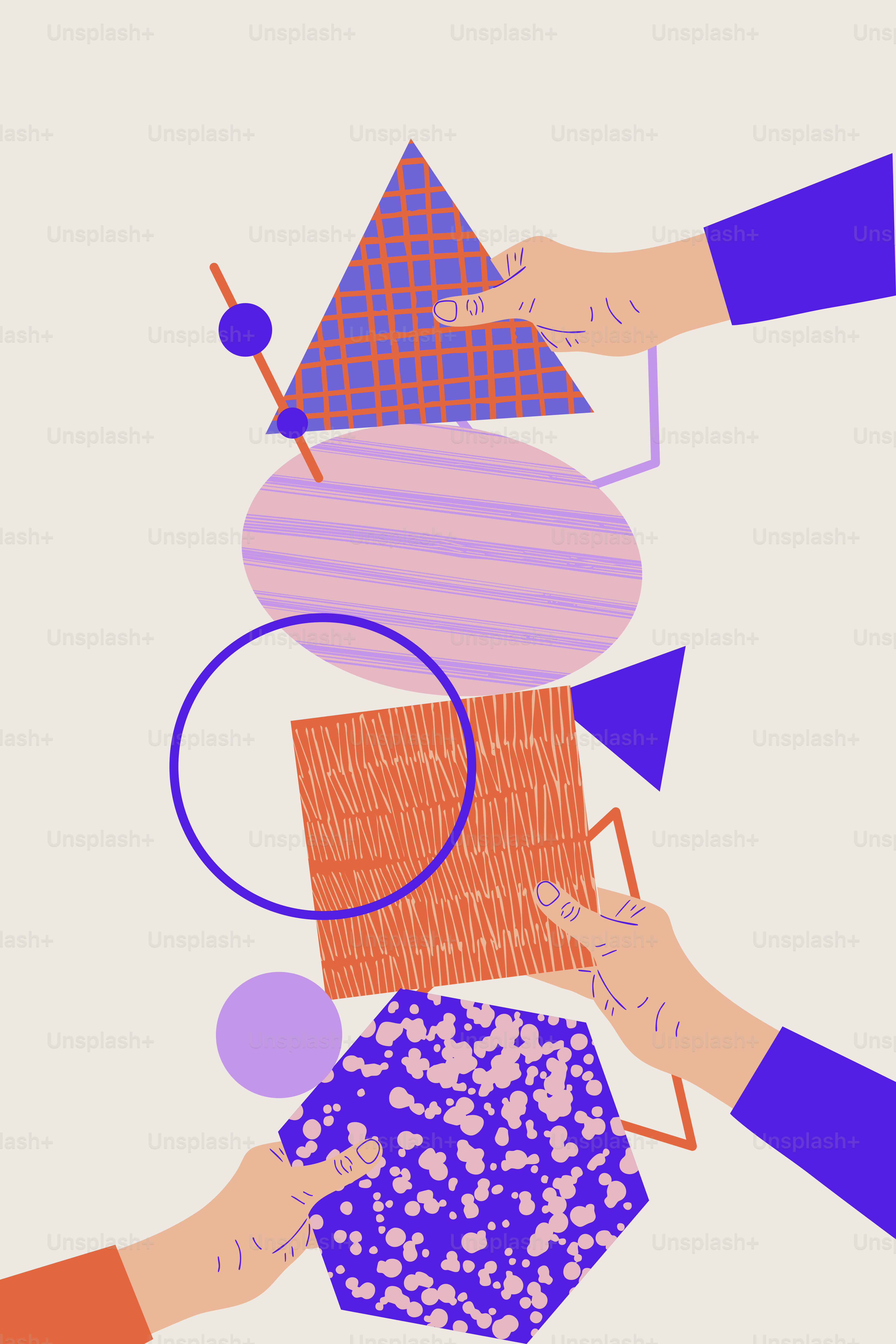 Hands stacking abstract geometric shapes with patterns. vector ...