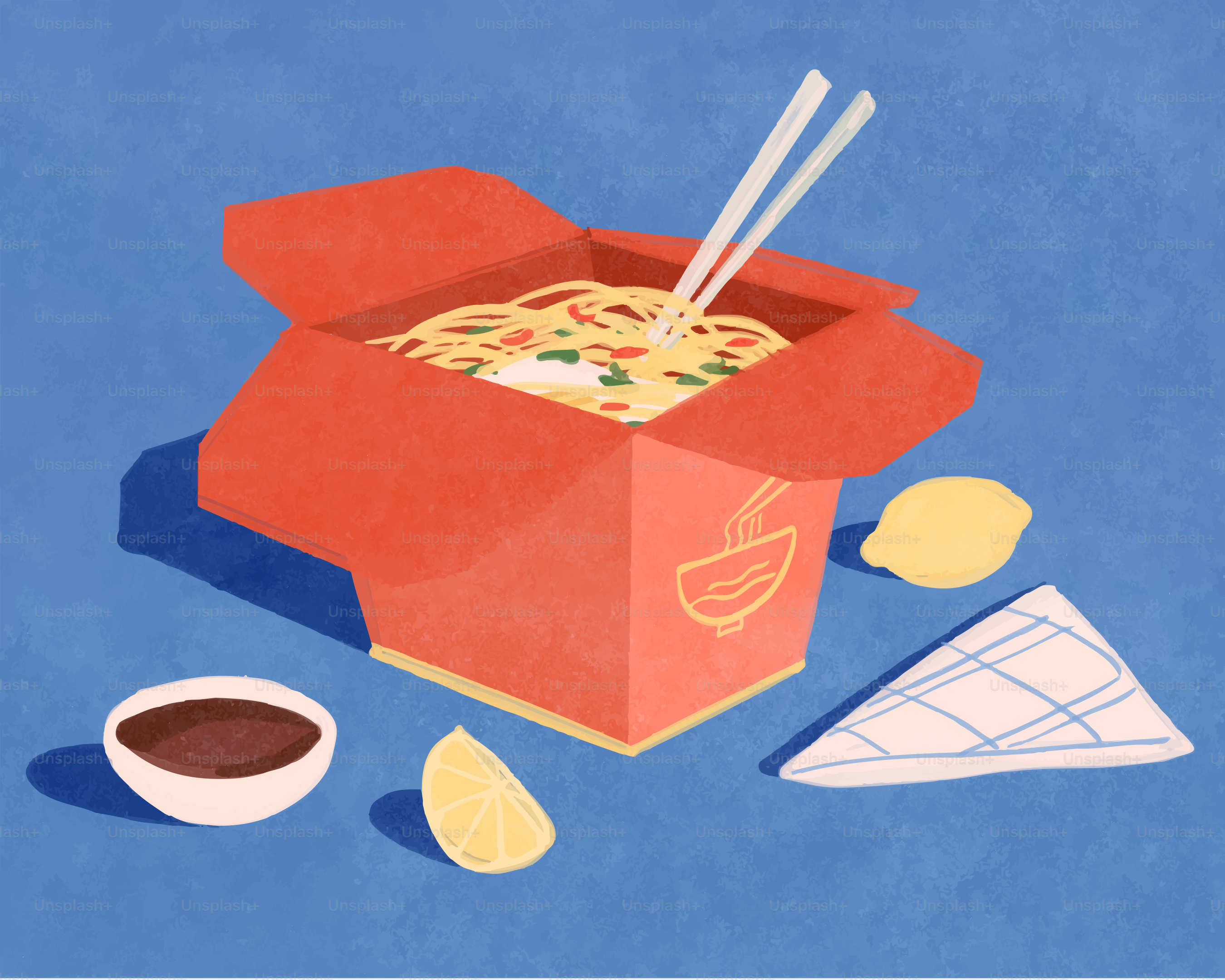 Noodles in a takeout box with lemon and soy sauce