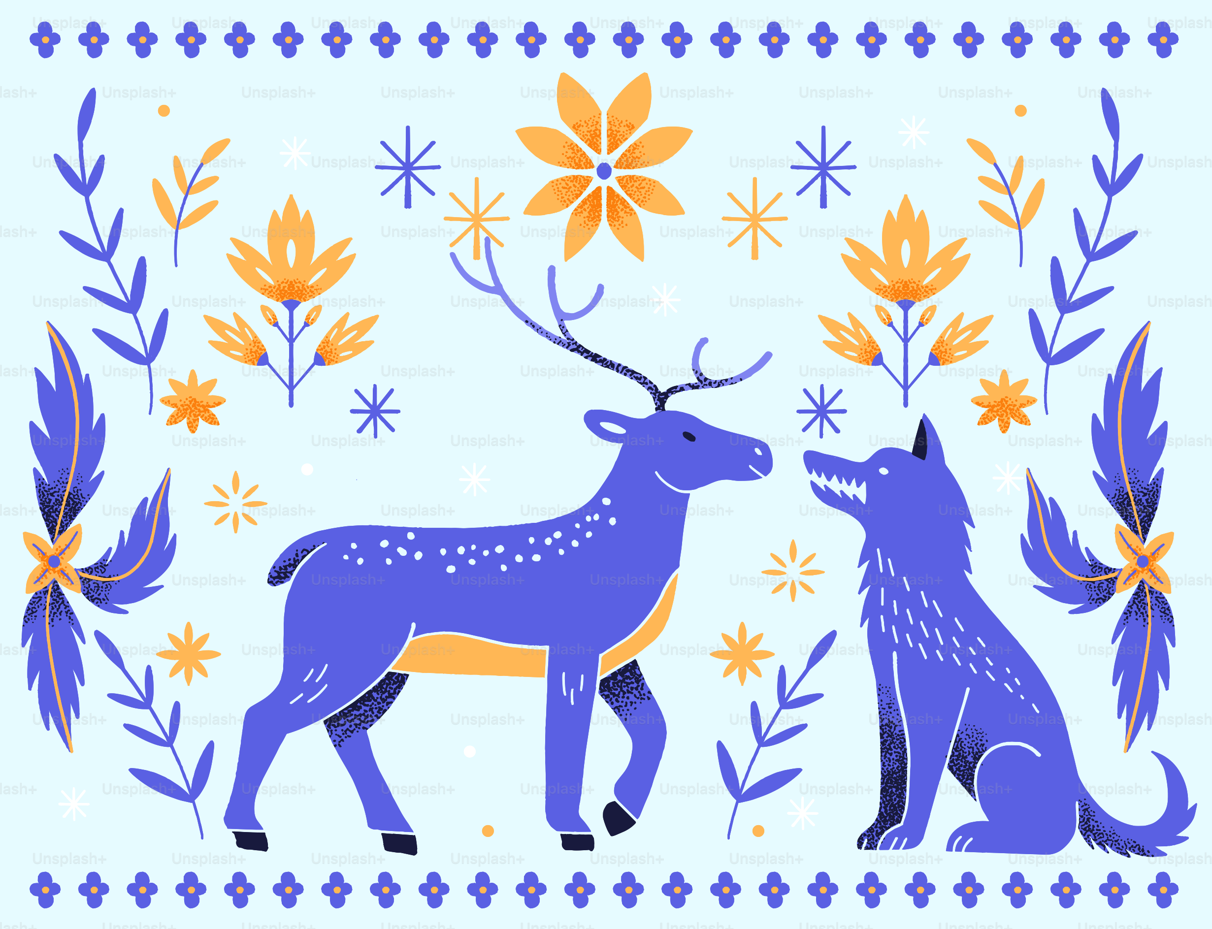 Blue deer and wolf with floral pattern
