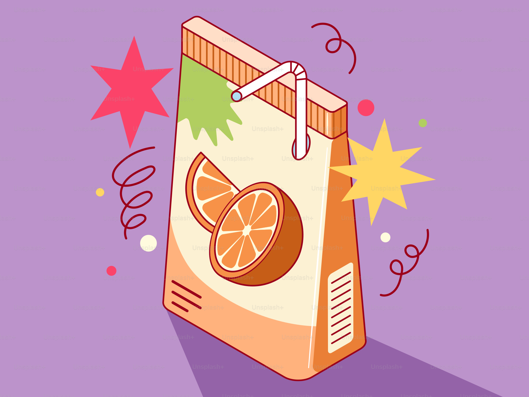 Orange juice box with straw and festive decorations