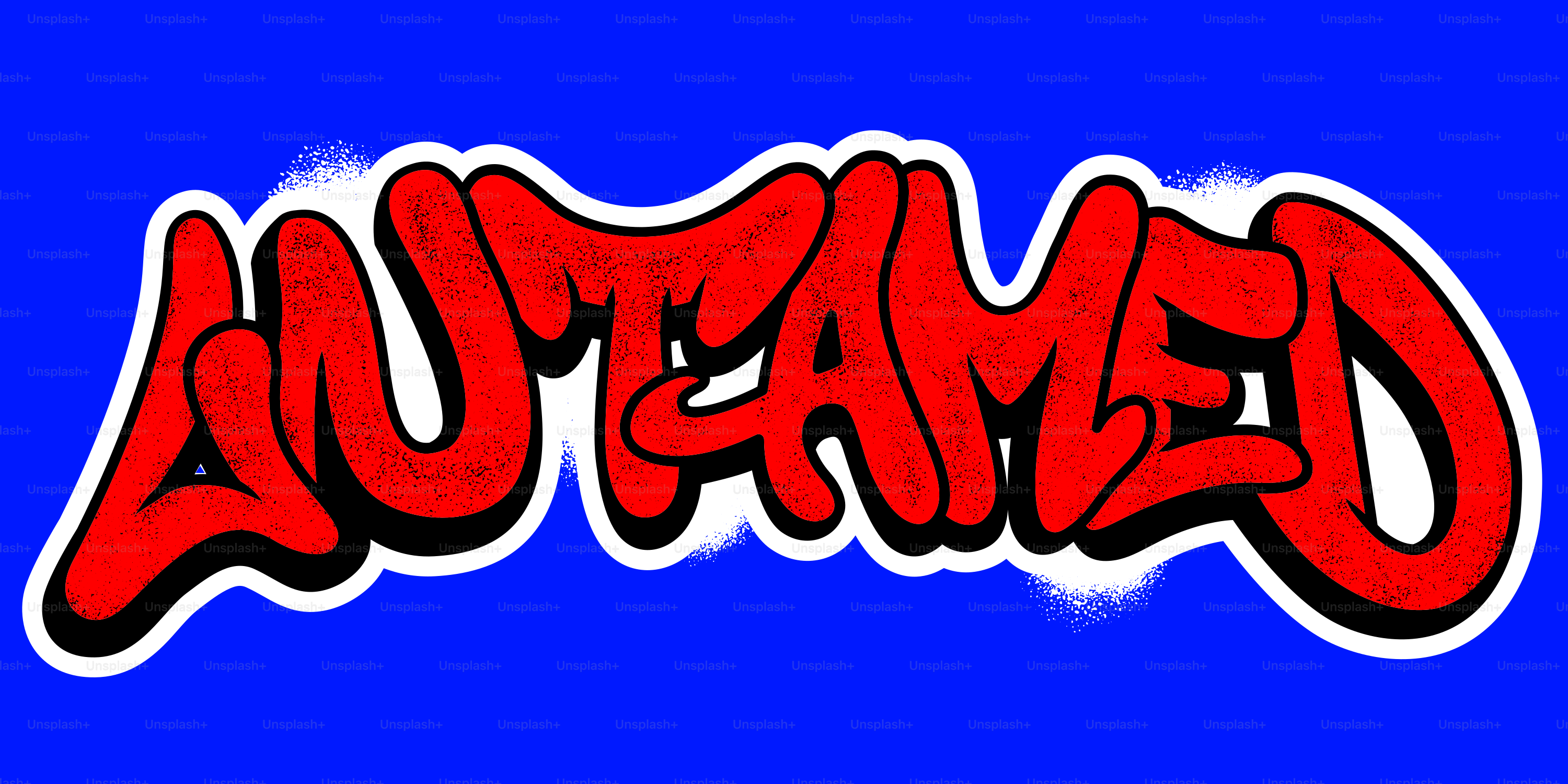 Red graffiti text autamed on a blue background