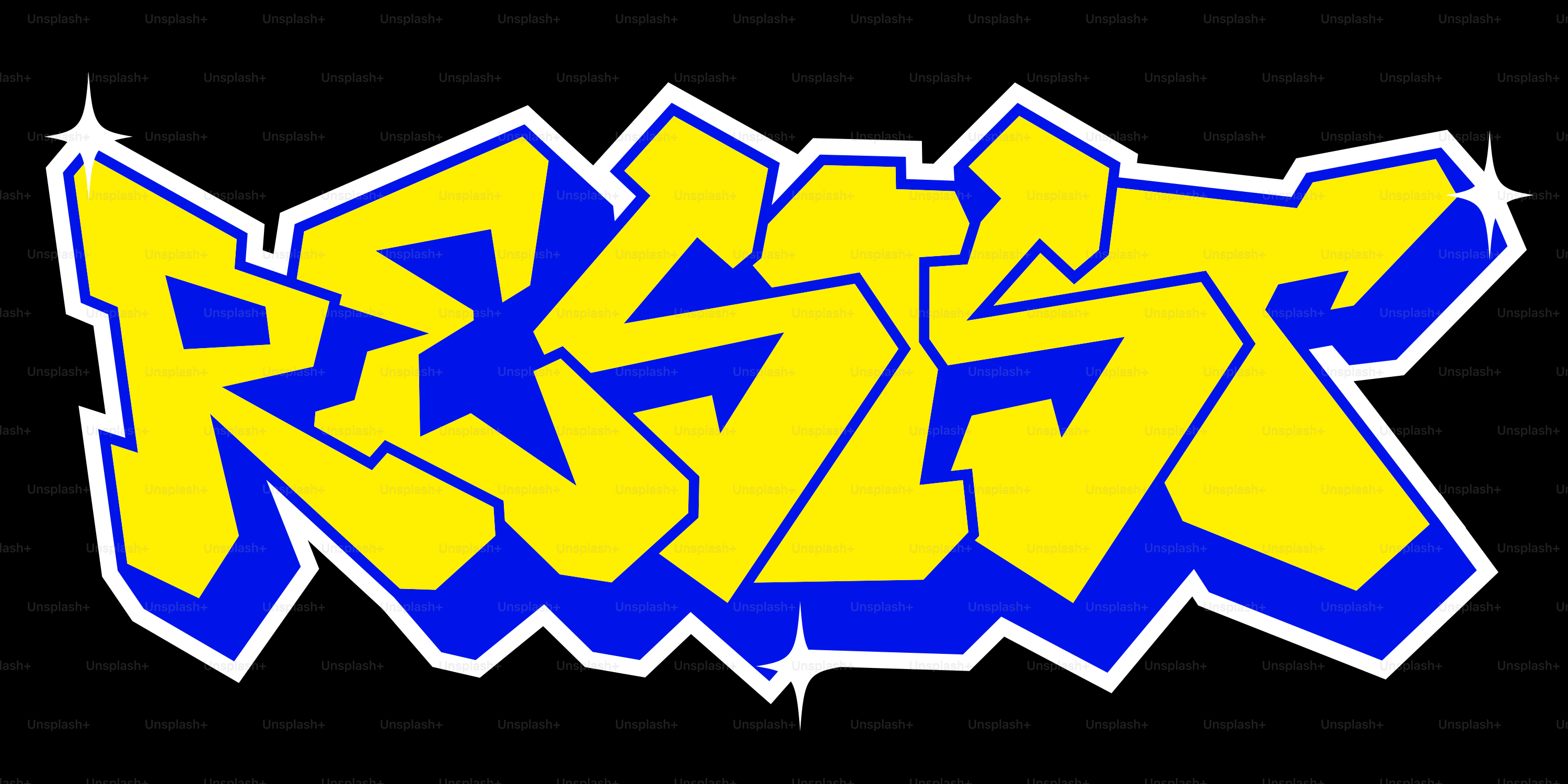 Seni grafiti mengeja kata resist dalam warna kuning dan biru.