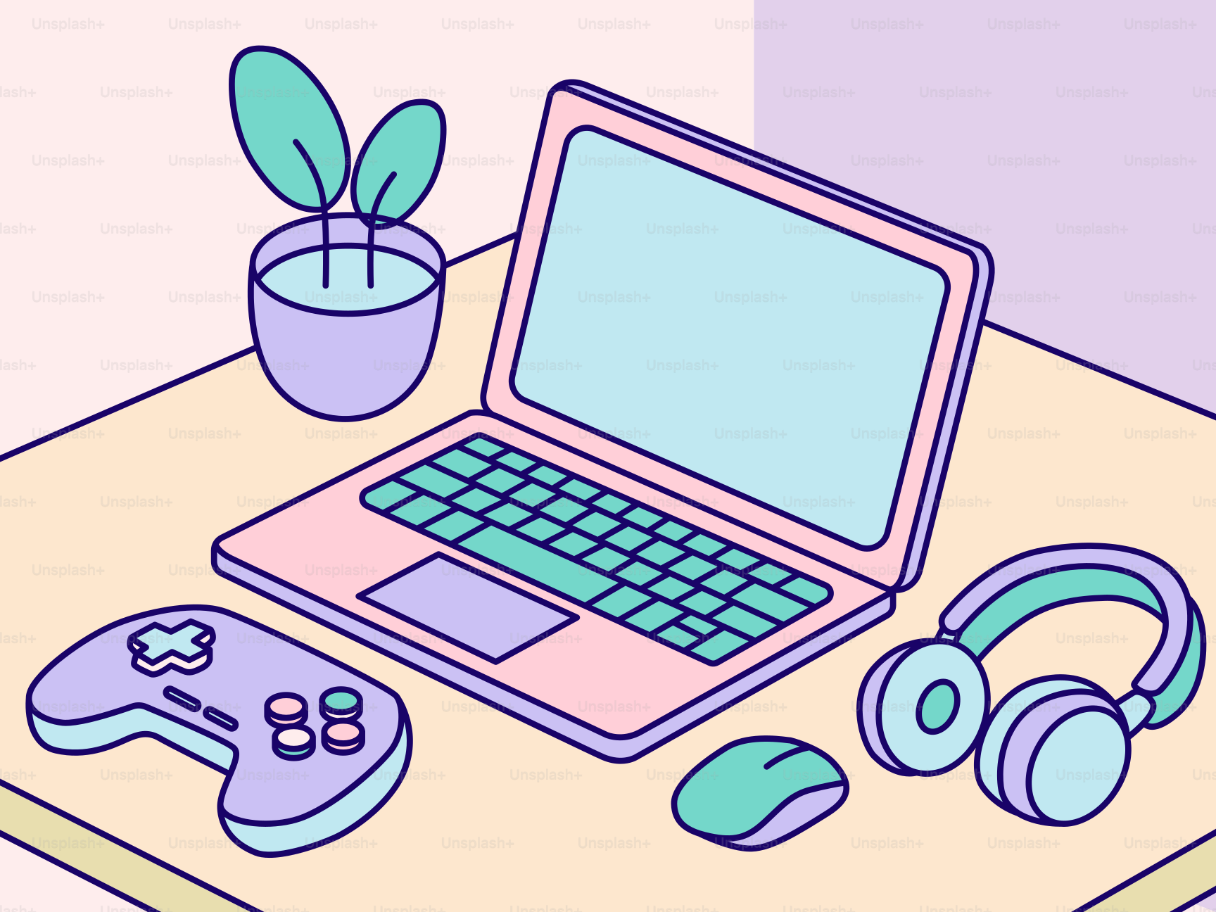 Laptop, controle, fones de ouvido, mouse e planta na mesa.