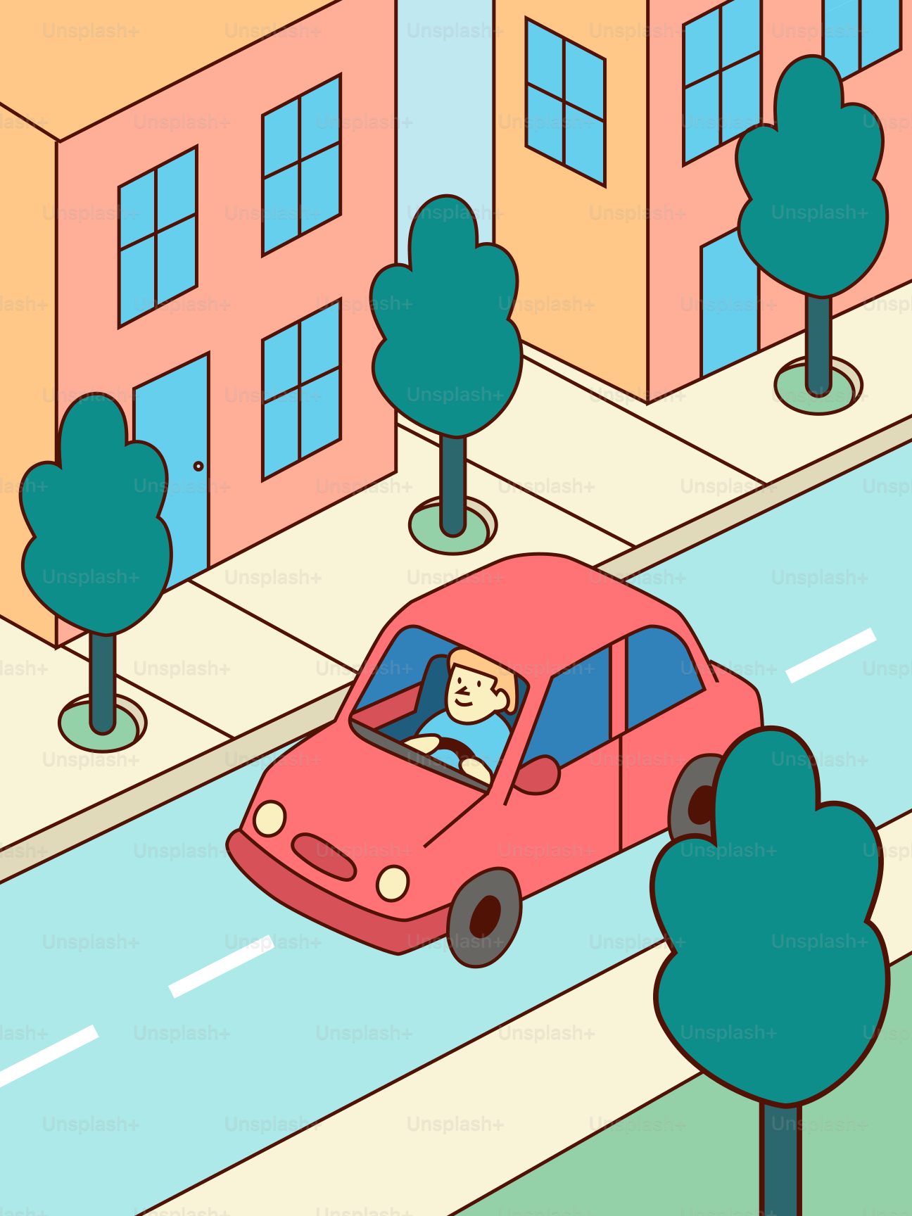 Man driving a red car down a street.