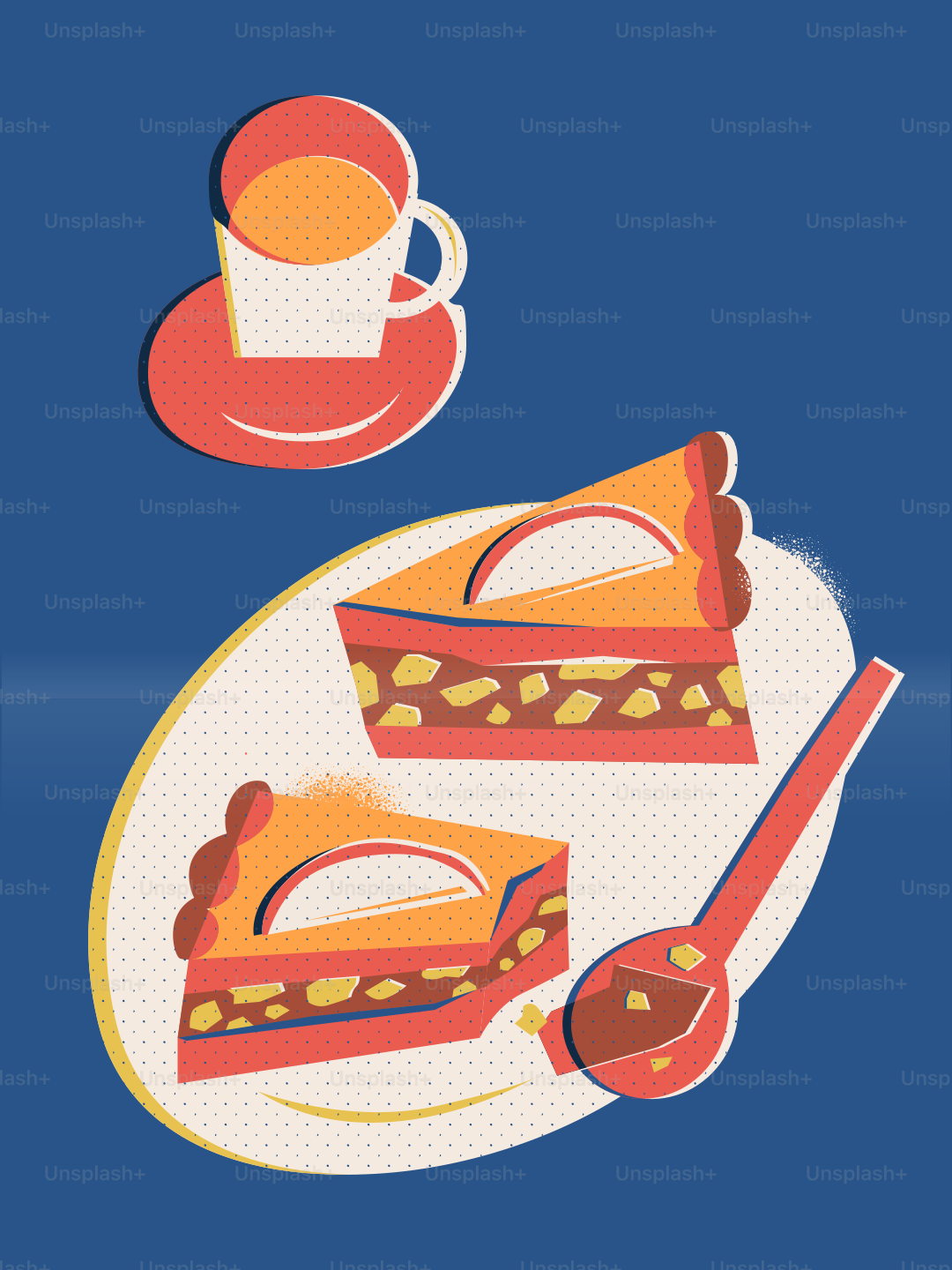 Two slices of apple pie with coffee on blue background
