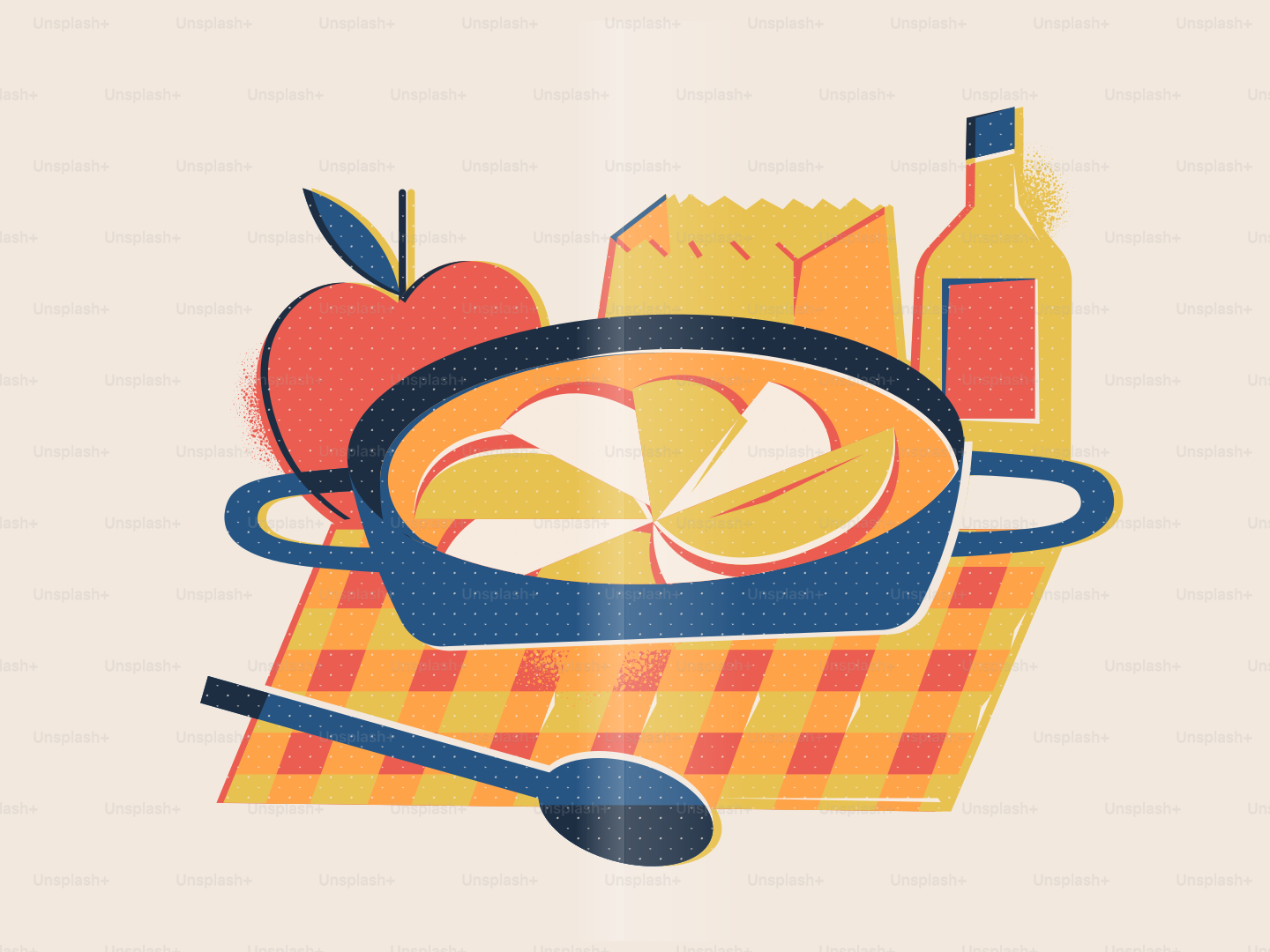 Tarta de manzana e ingredientes sobre tela a cuadros