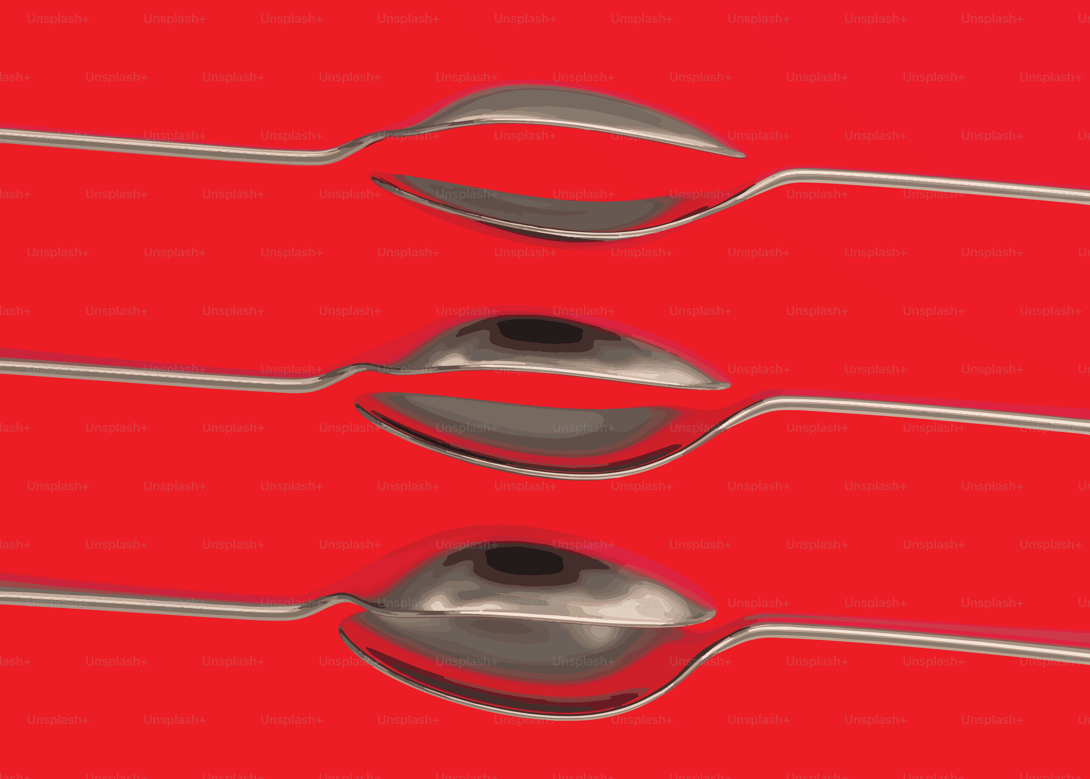 Three spoons facing each other on red background