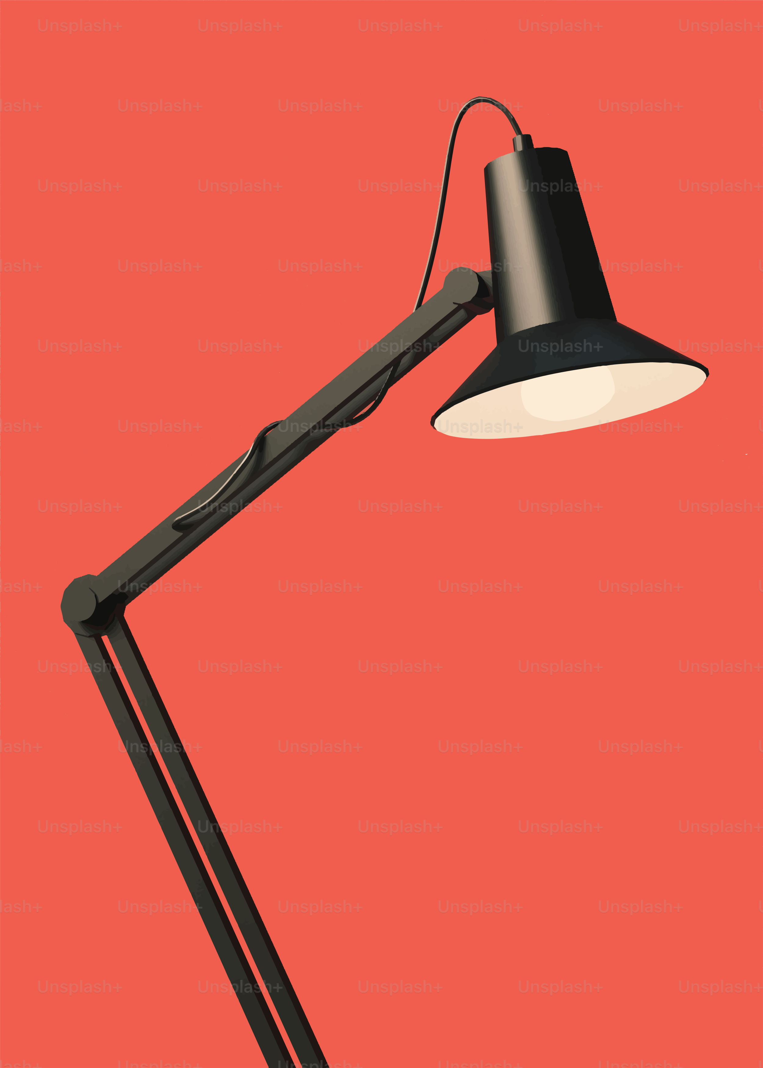 A black adjustable desk lamp on a red background