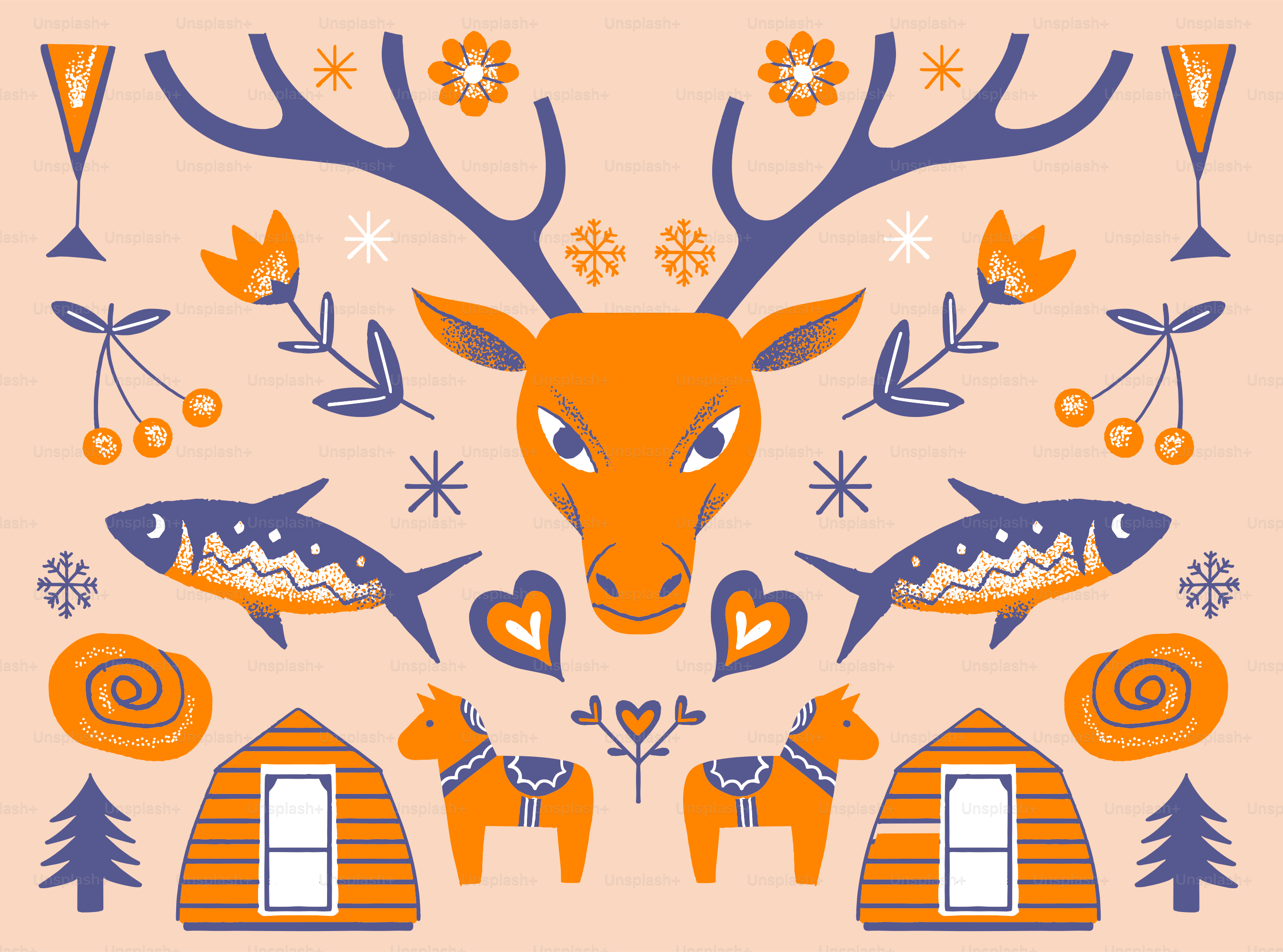 Folk art pattern with deer, fish, and houses.