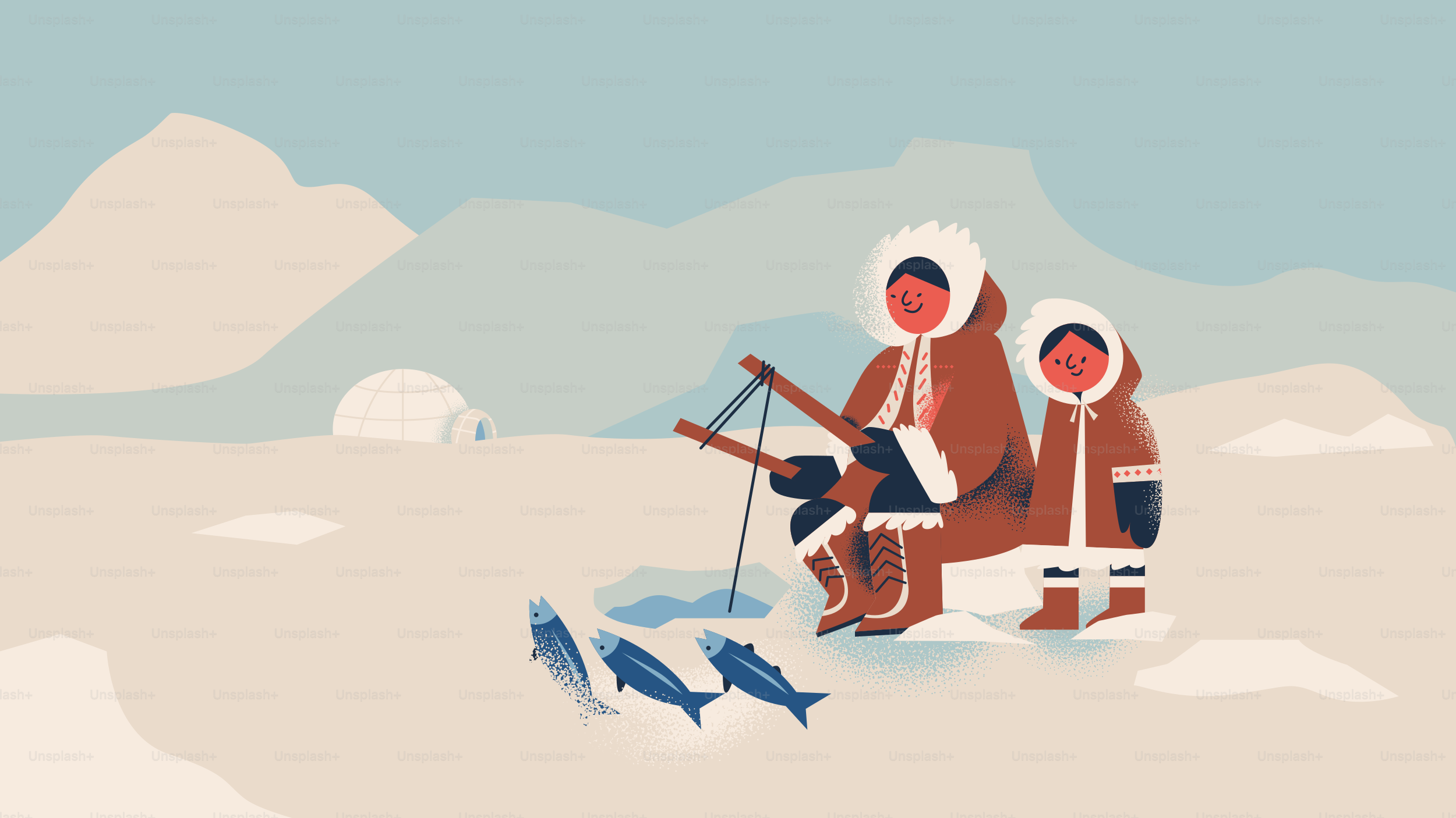 Two people ice fishing with three fish caught.