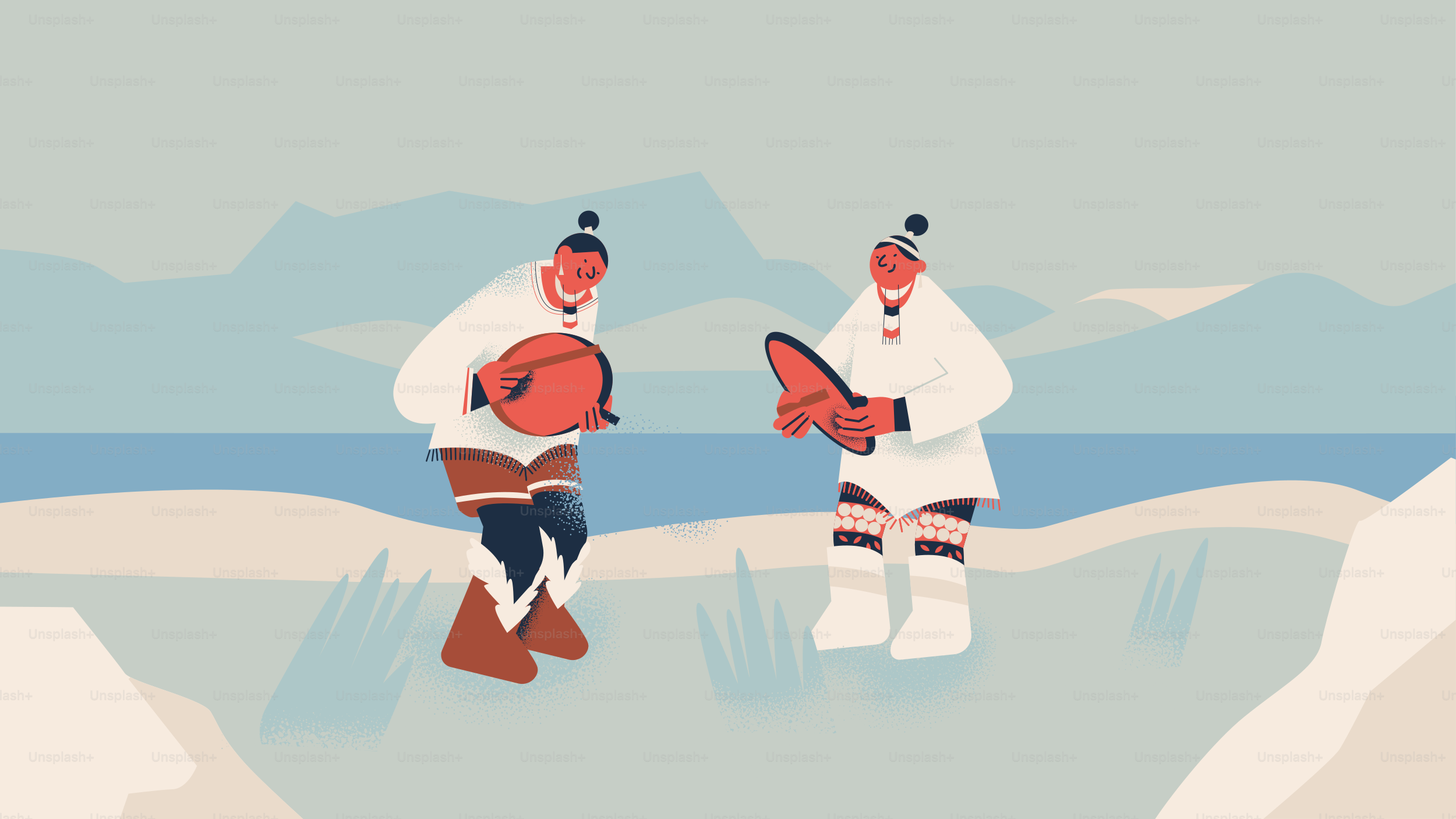 Deux personnes en vêtements traditionnels de l’Arctique tenant des tambours.
