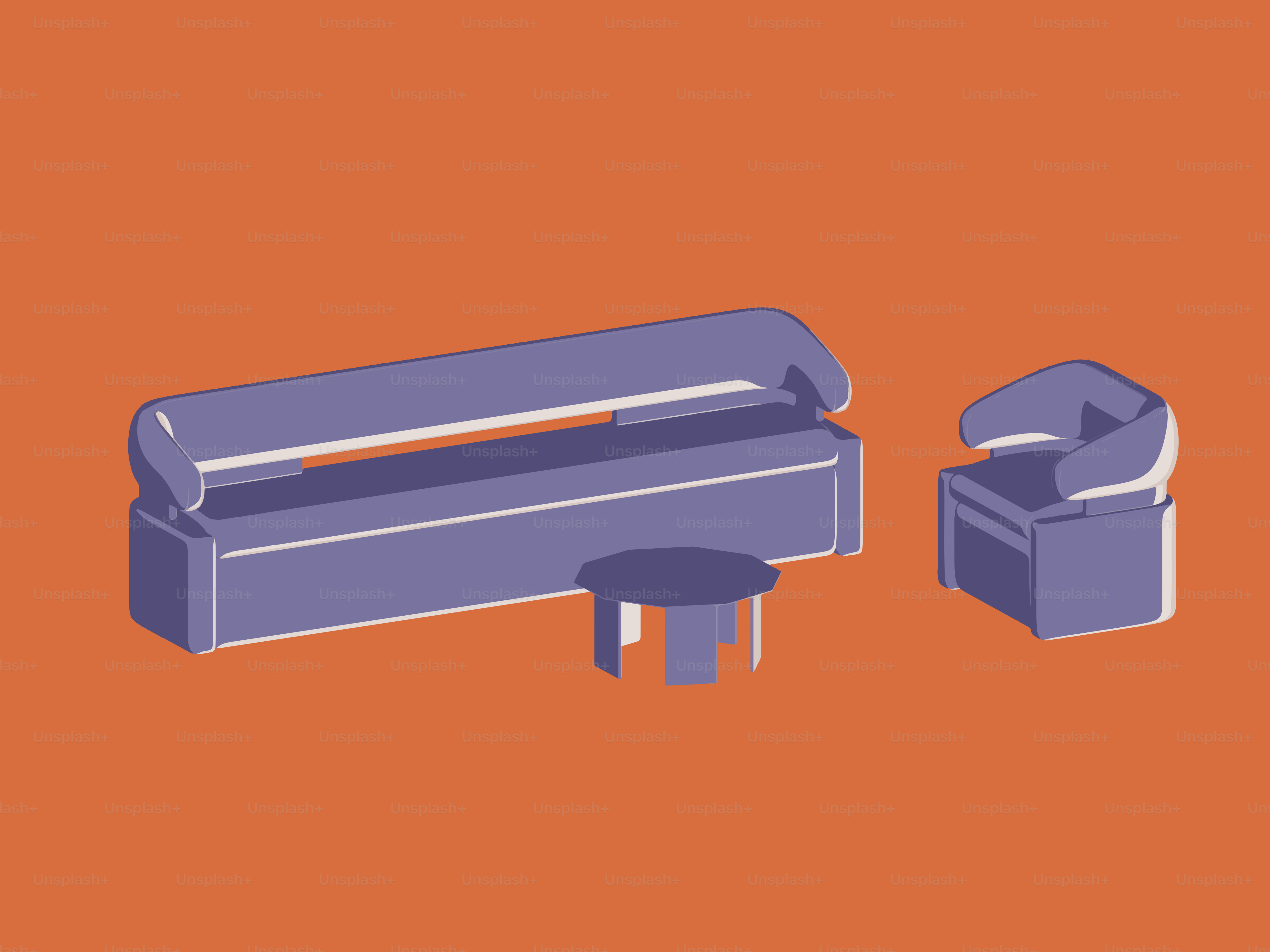 Modern purple sofa, chair, and table on orange background