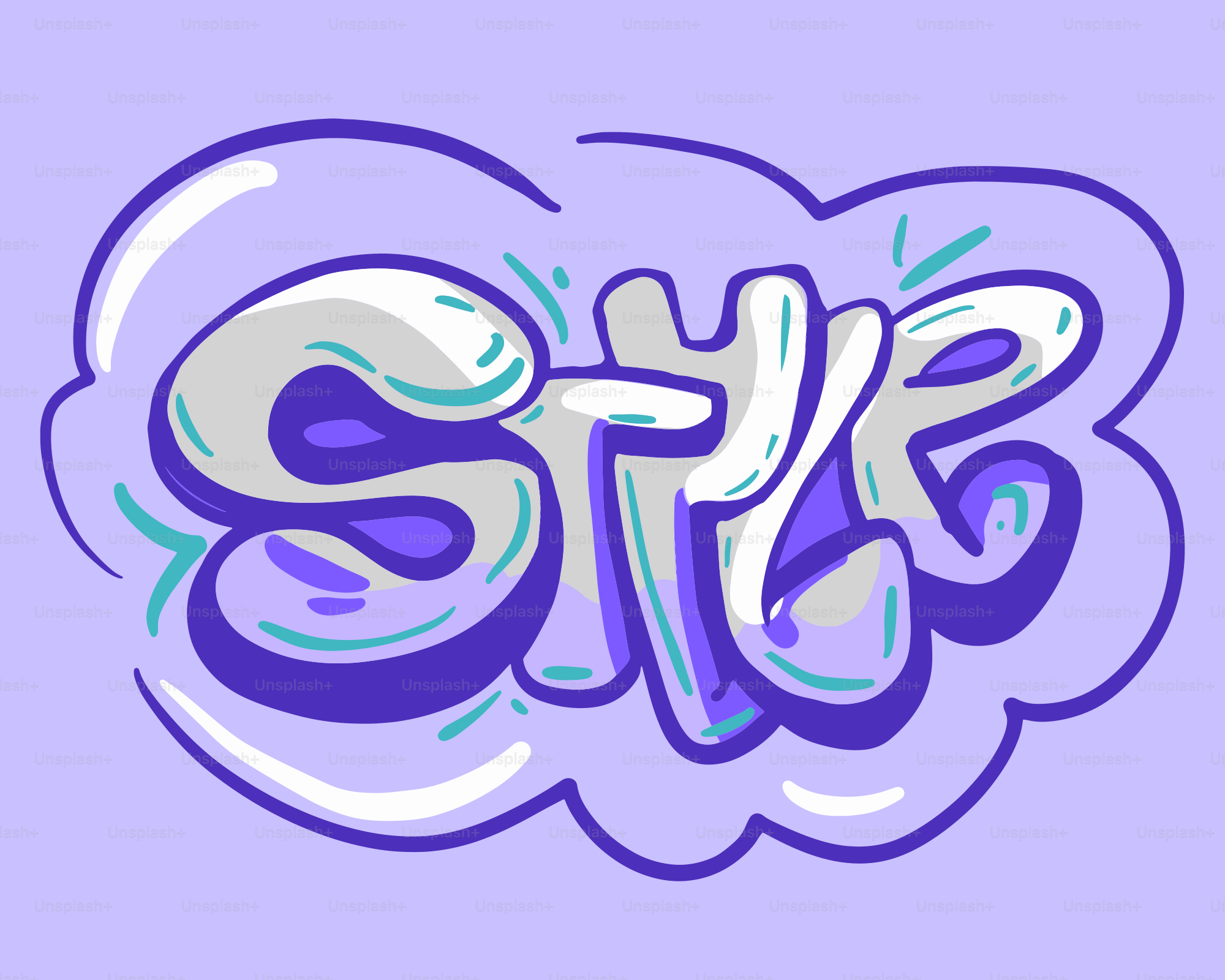 Graffiti art spelling the word style in purple and white.