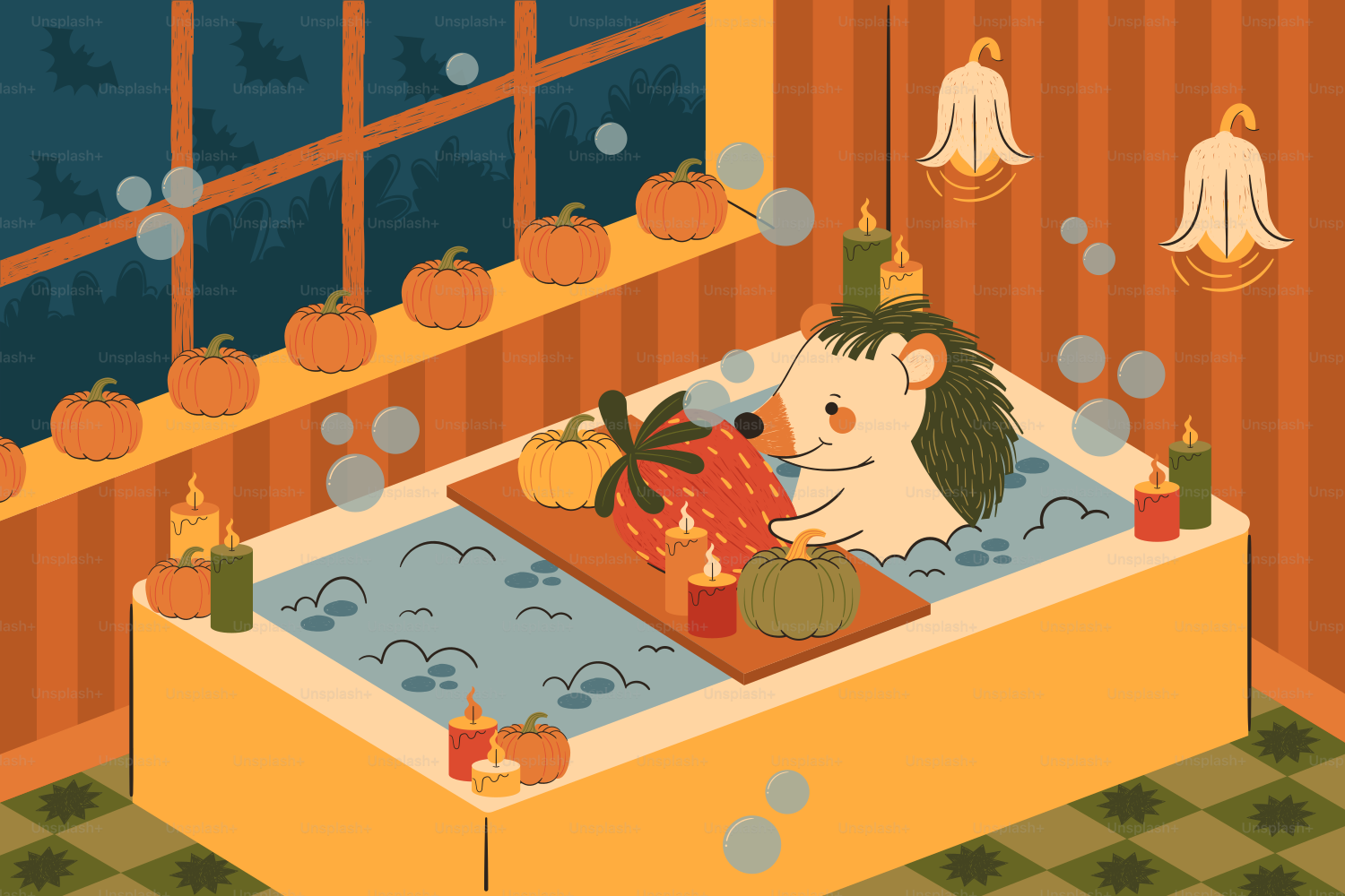 Hedgehog relaxing in a bathtub with pumpkins.