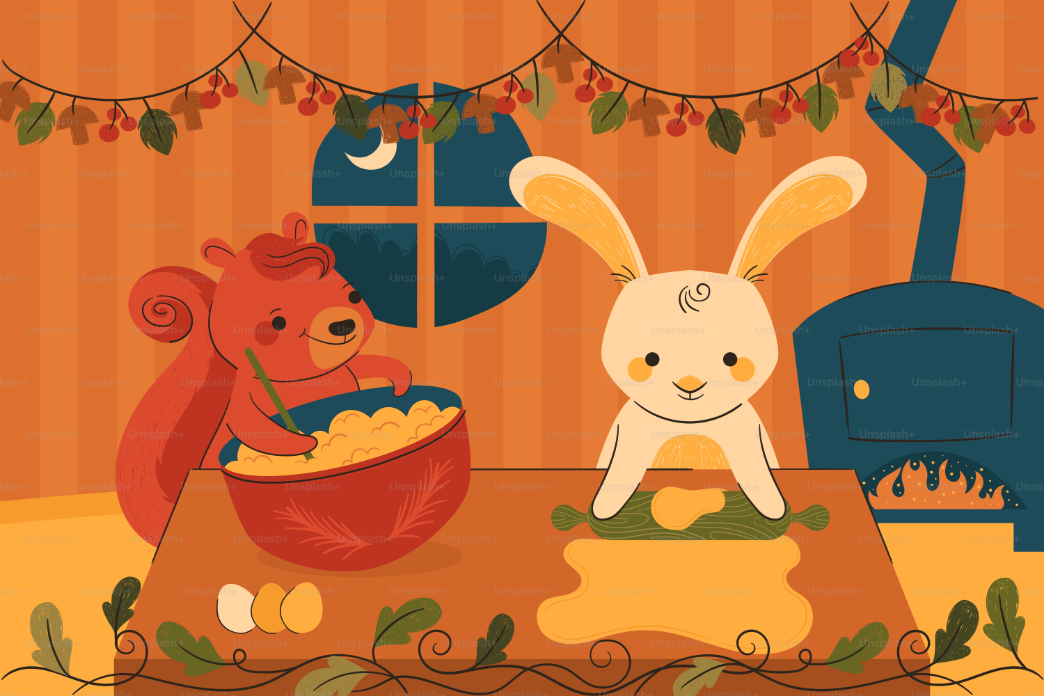 Squirrel and bunny baking together in a cozy kitchen.
