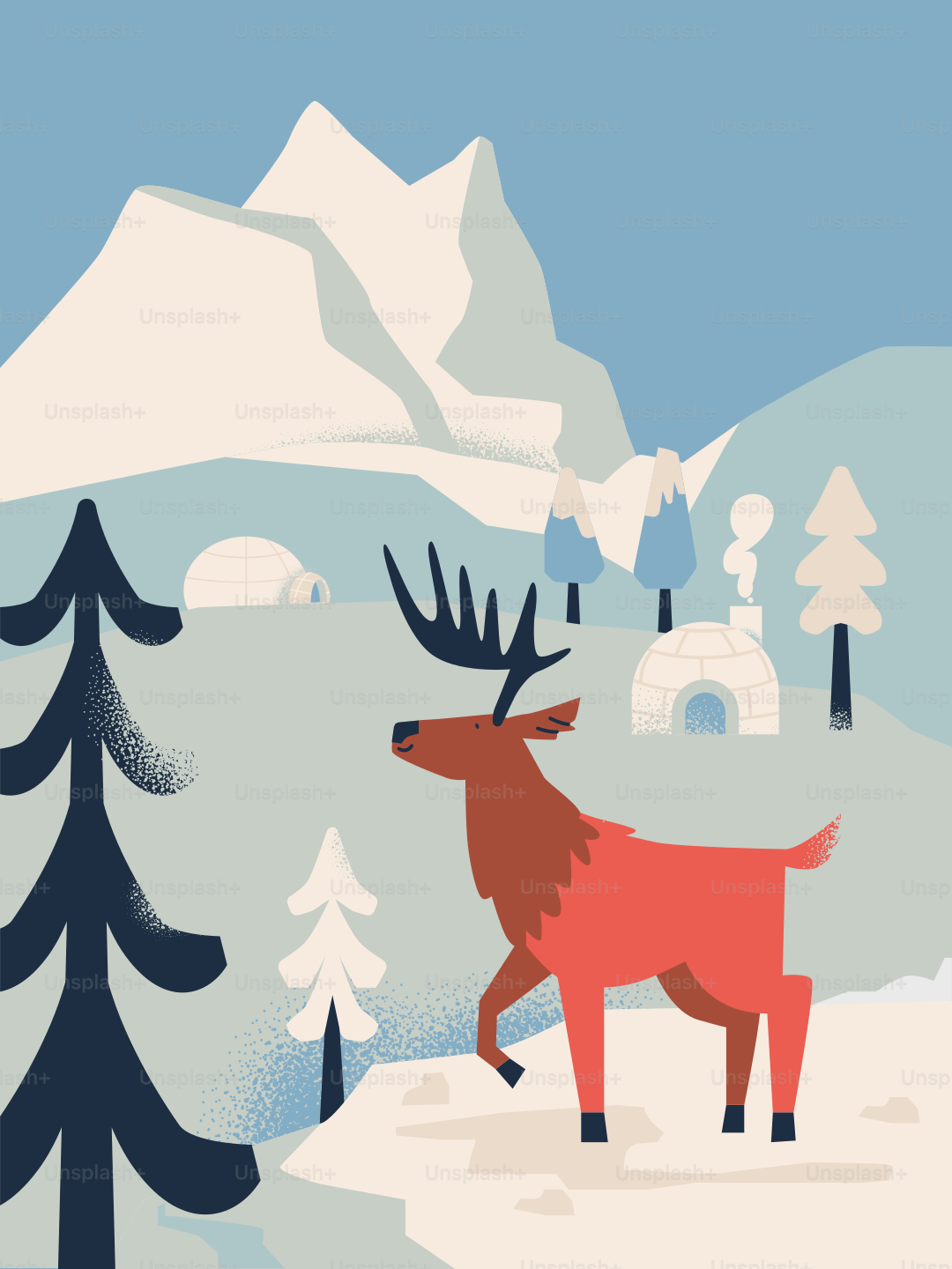 Le cerf rouge se promène à travers des paysages enneigés avec des igloos.