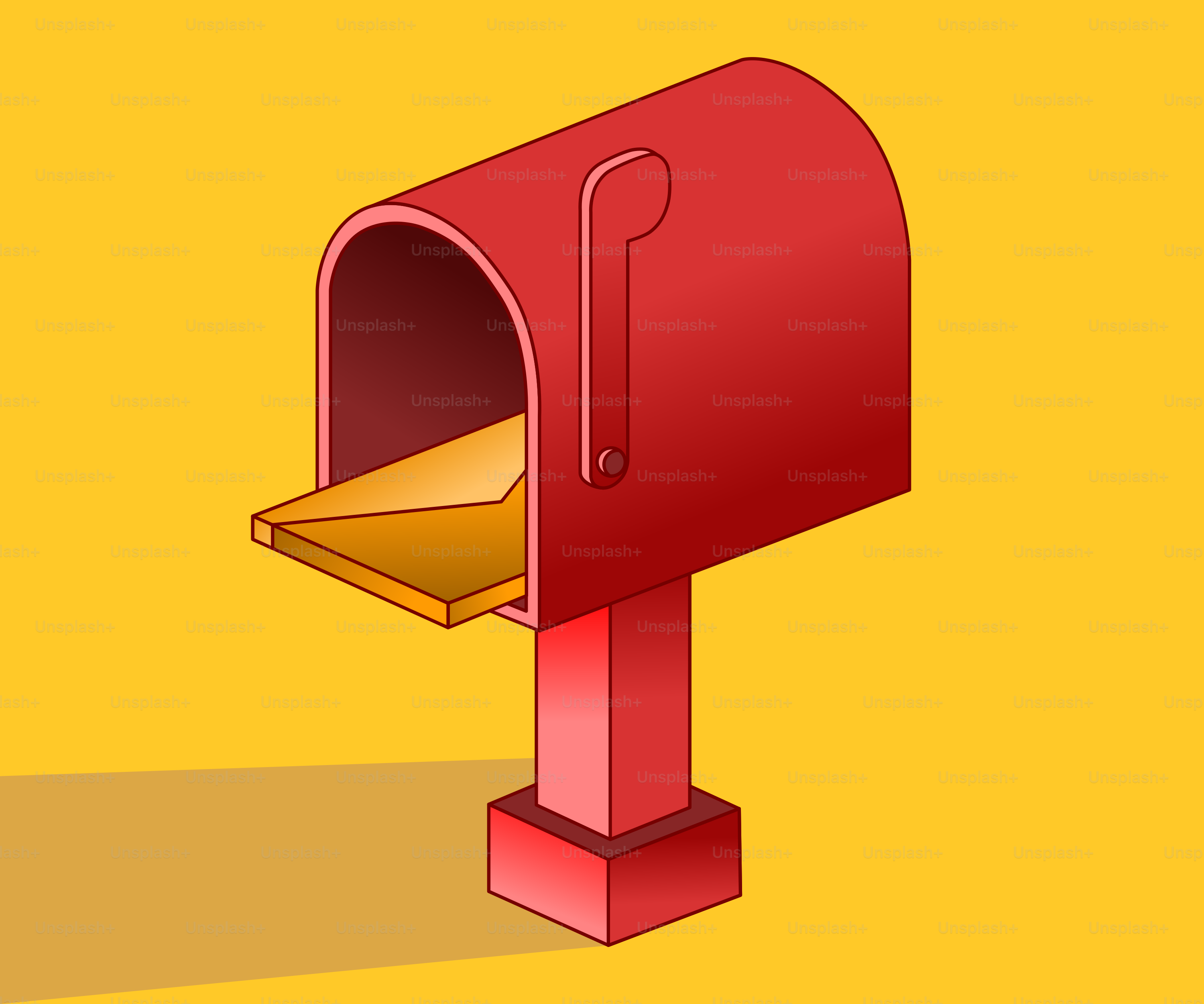 Red mailbox with an envelope on yellow background