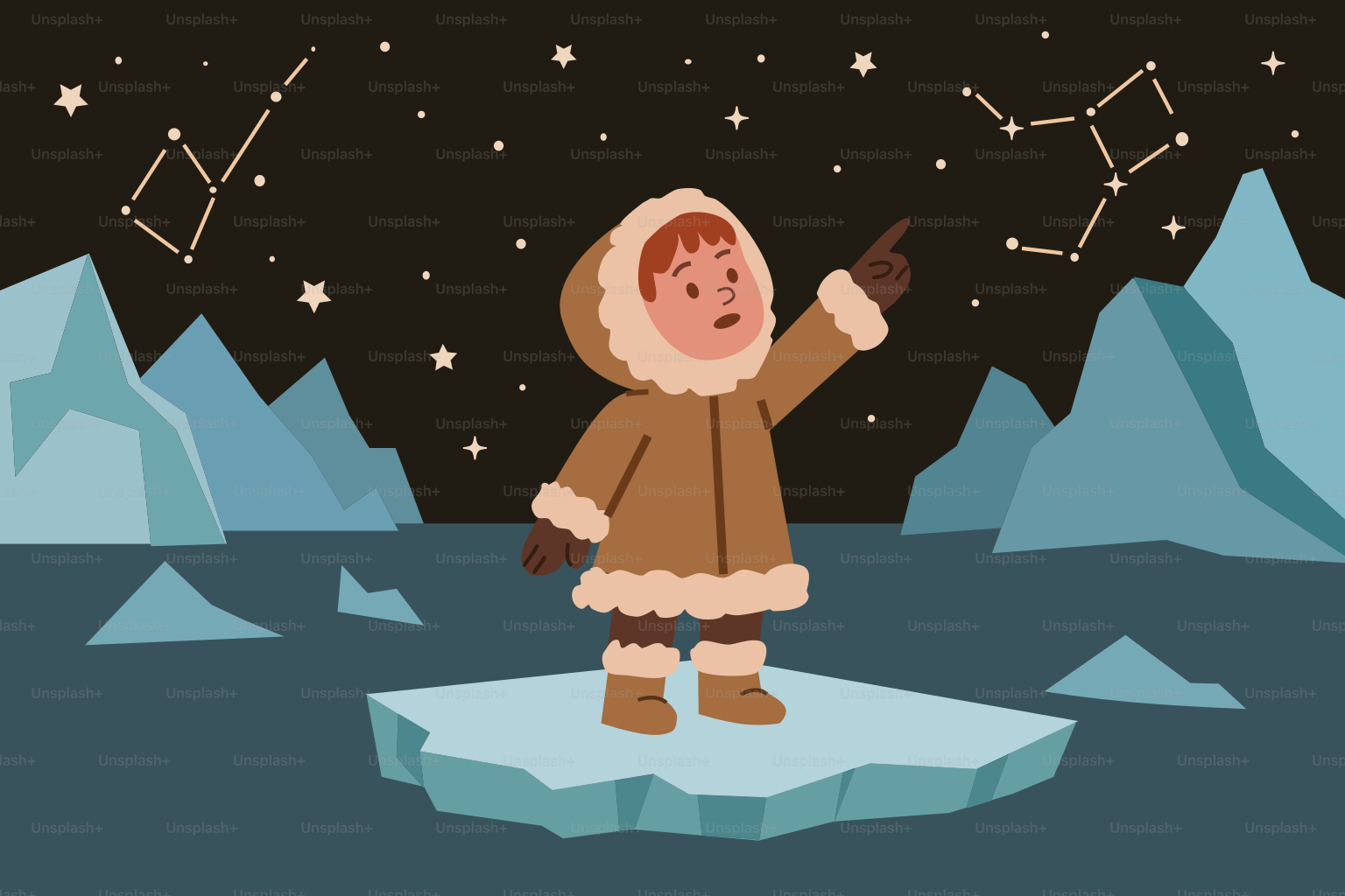 Child in parka points at constellations in starry night sky.