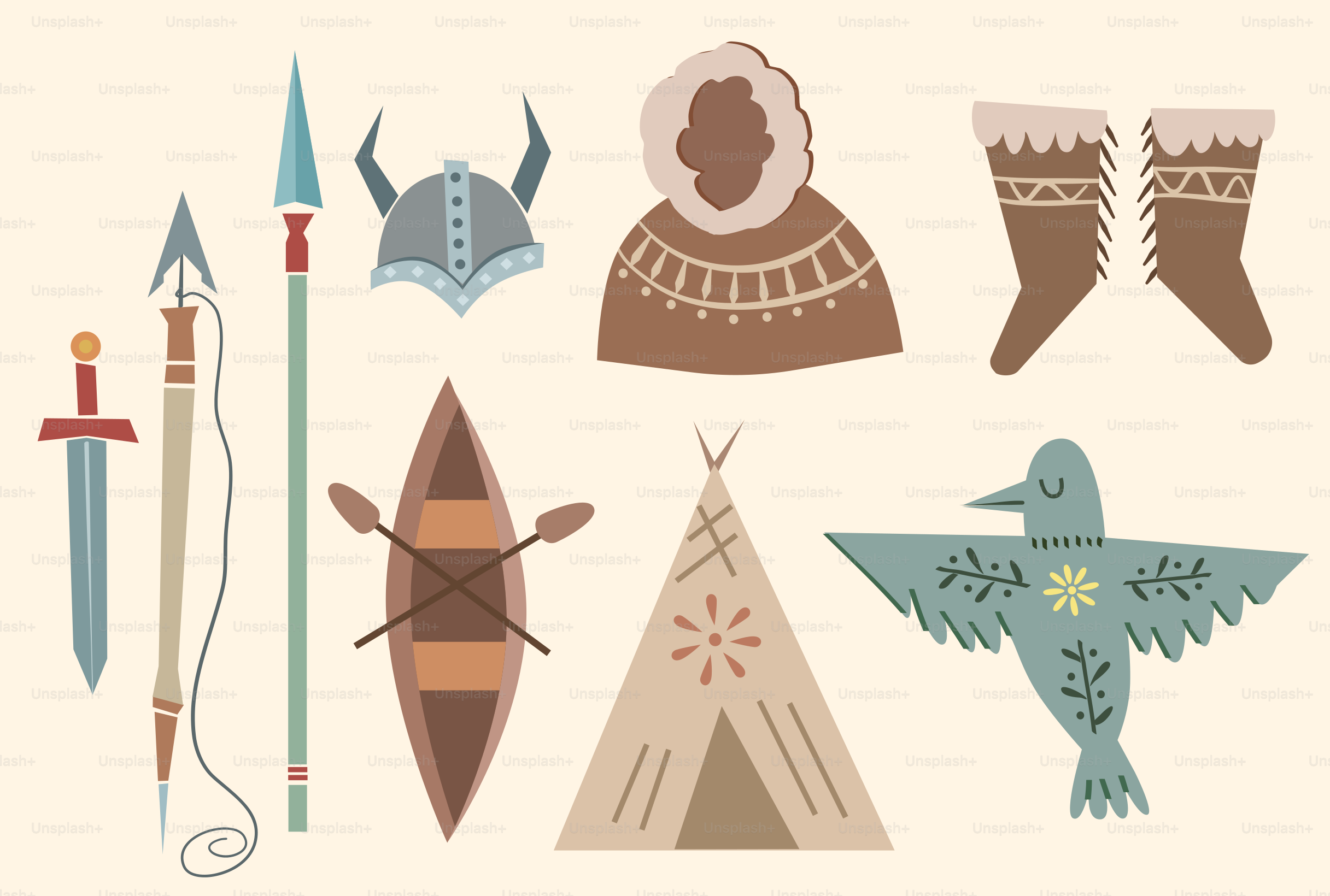 Viking and indigenous cultural items arranged on a cream background