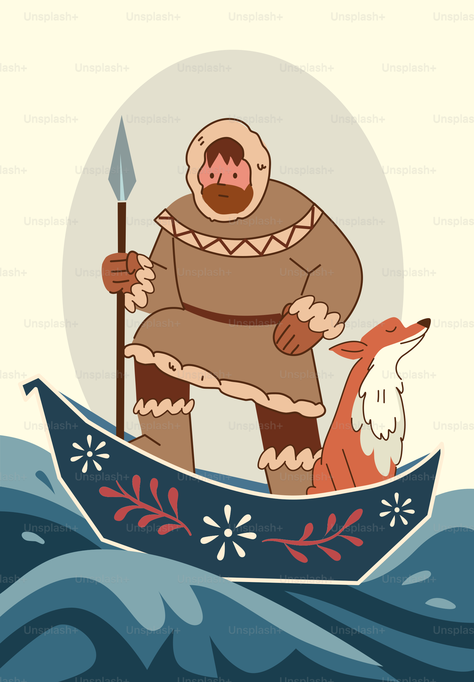 Uomo con lancia e volpe in barca sull'acqua