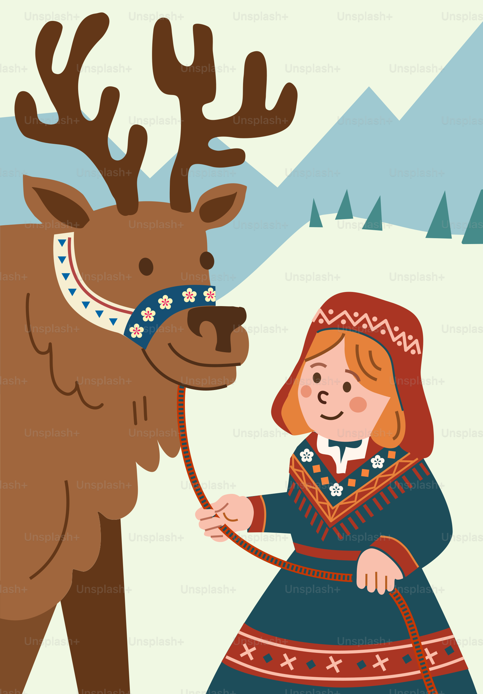 A girl in traditional clothing leads a reindeer.
