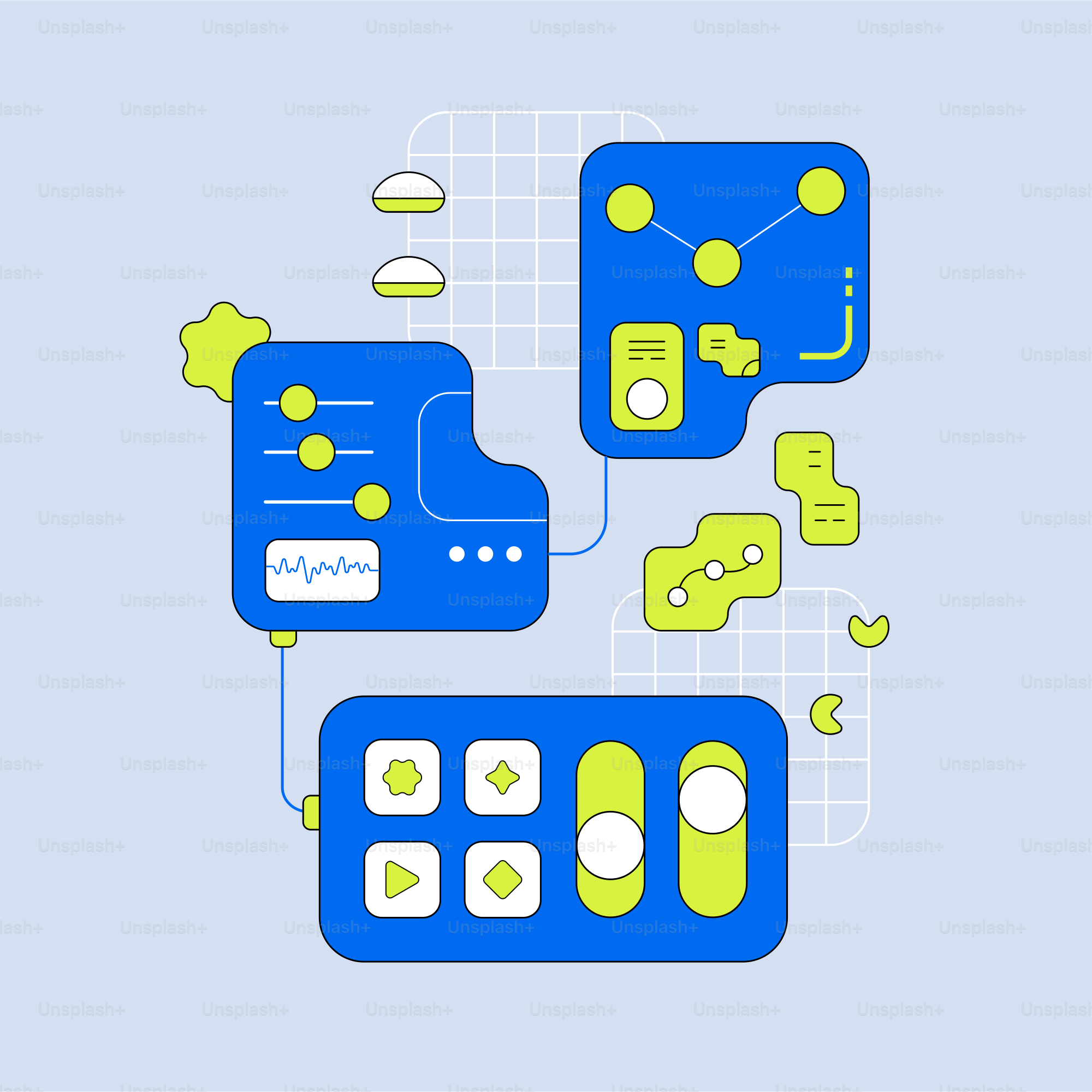 Interface numérique abstraite avec des éléments bleus et verts.