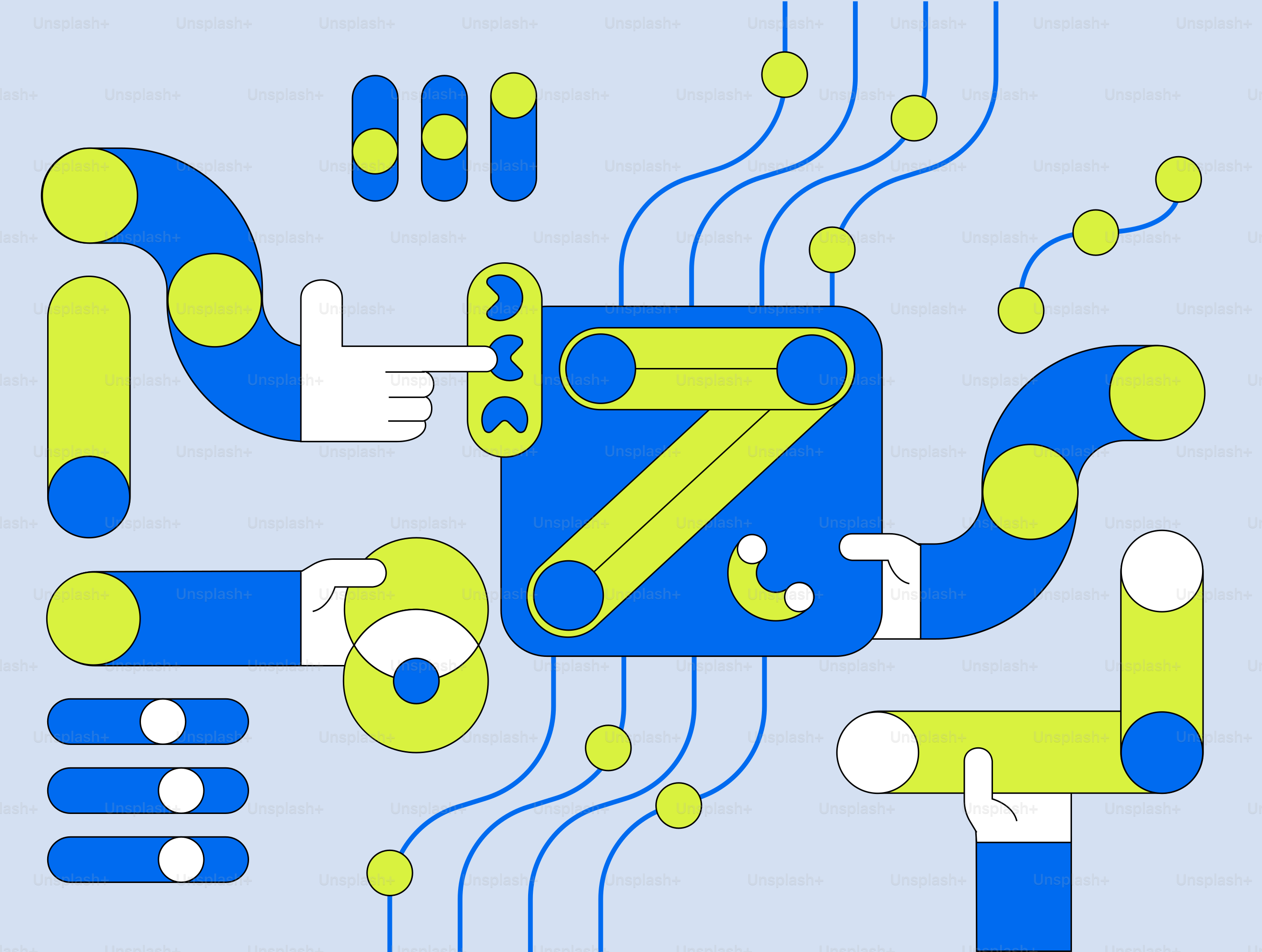 Abstract blue and green machine with hands operating vector ...