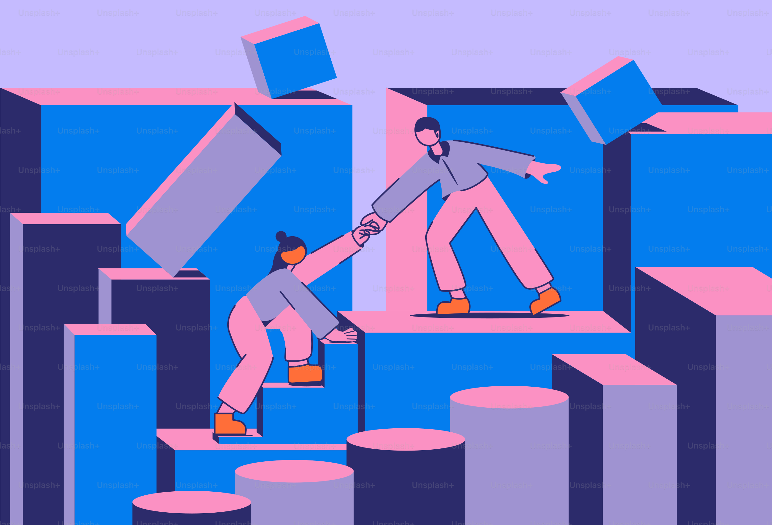 Due persone che si aiutano a vicenda a scalare blocchi astratti