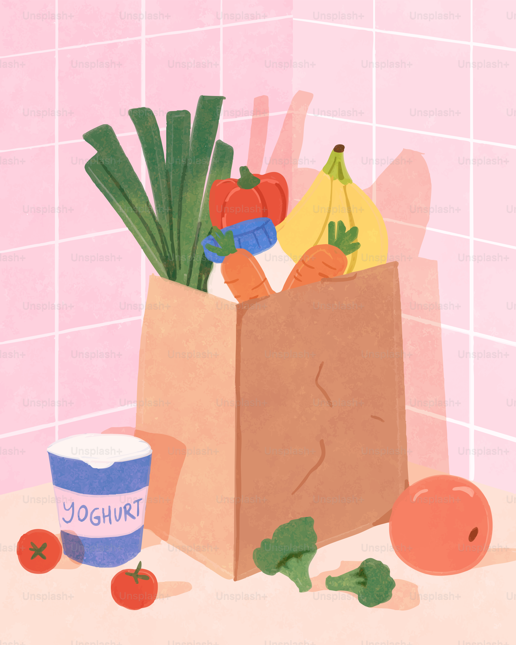 Grocery bag filled with fresh produce and yogurt.