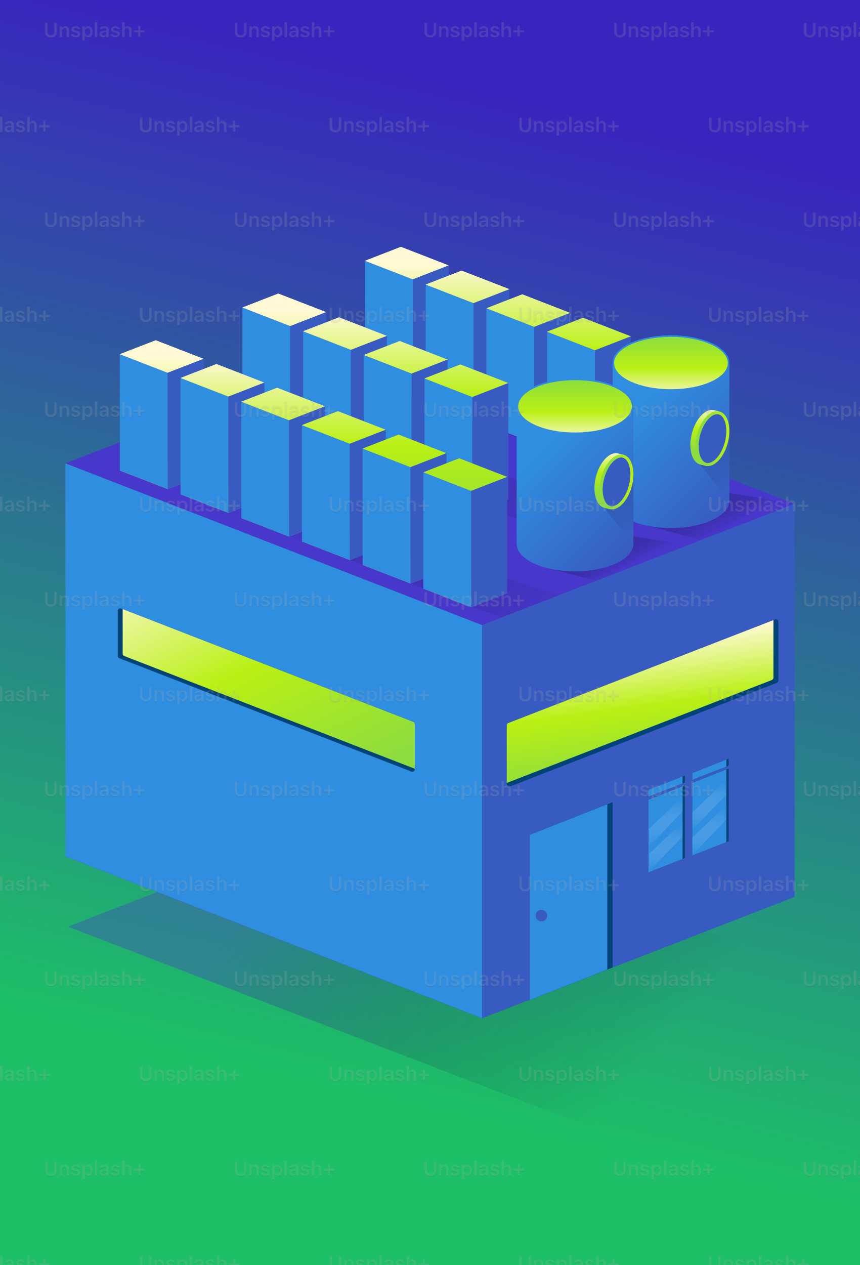 Blue factory building with green accents on gradient background