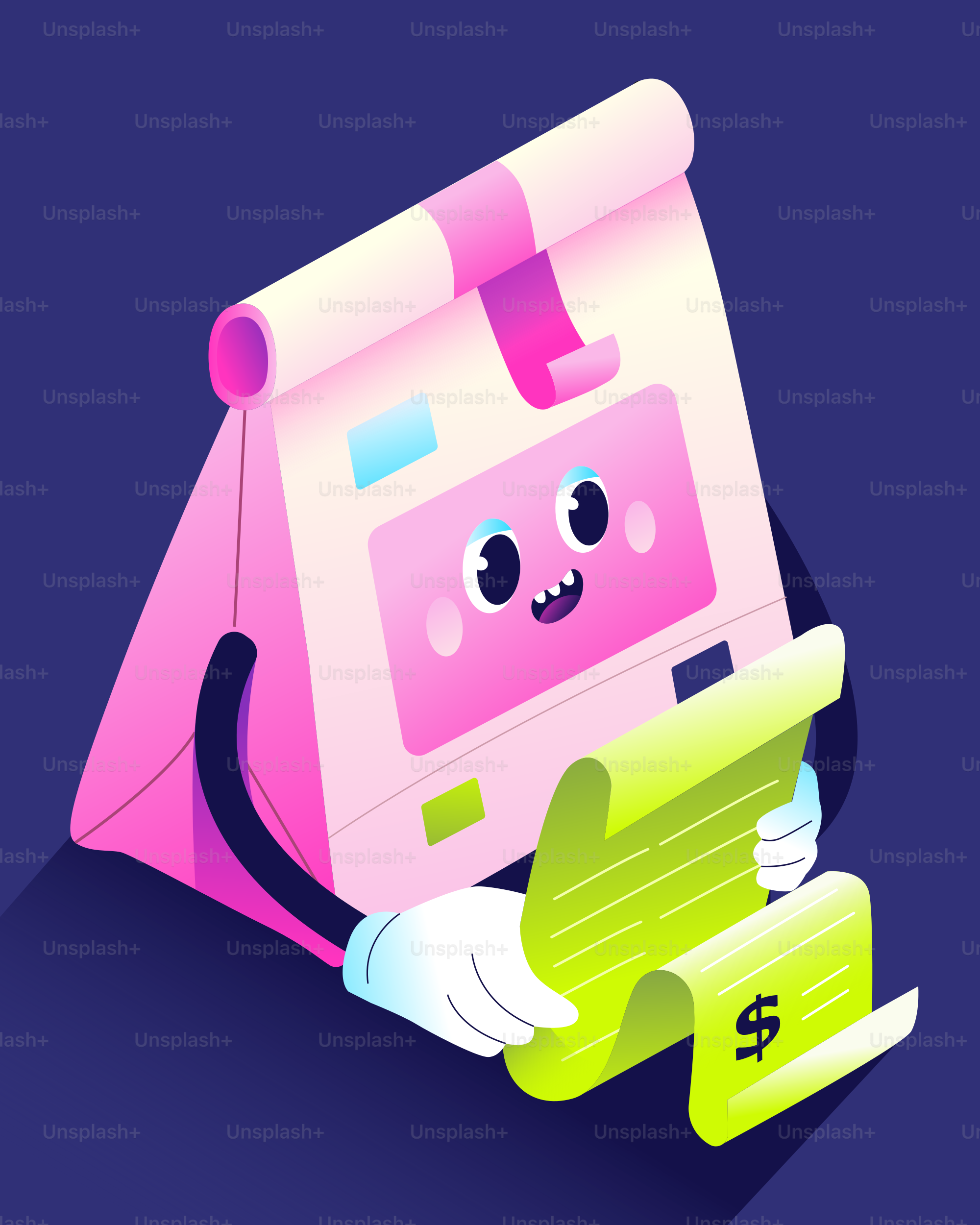 A cartoon calendar with a happy face reviews a bill.