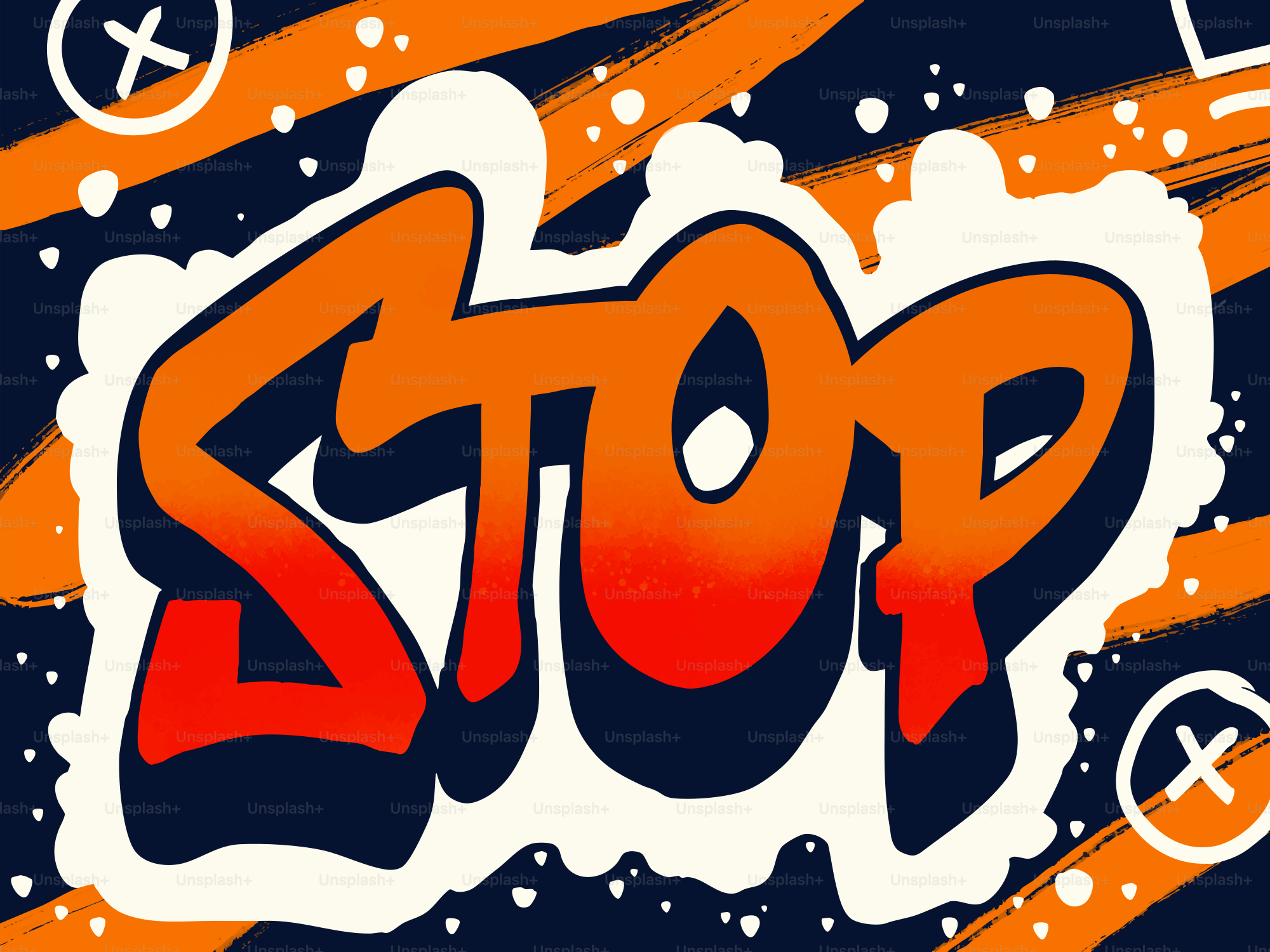 Graffiti style word stop with orange and white outline.