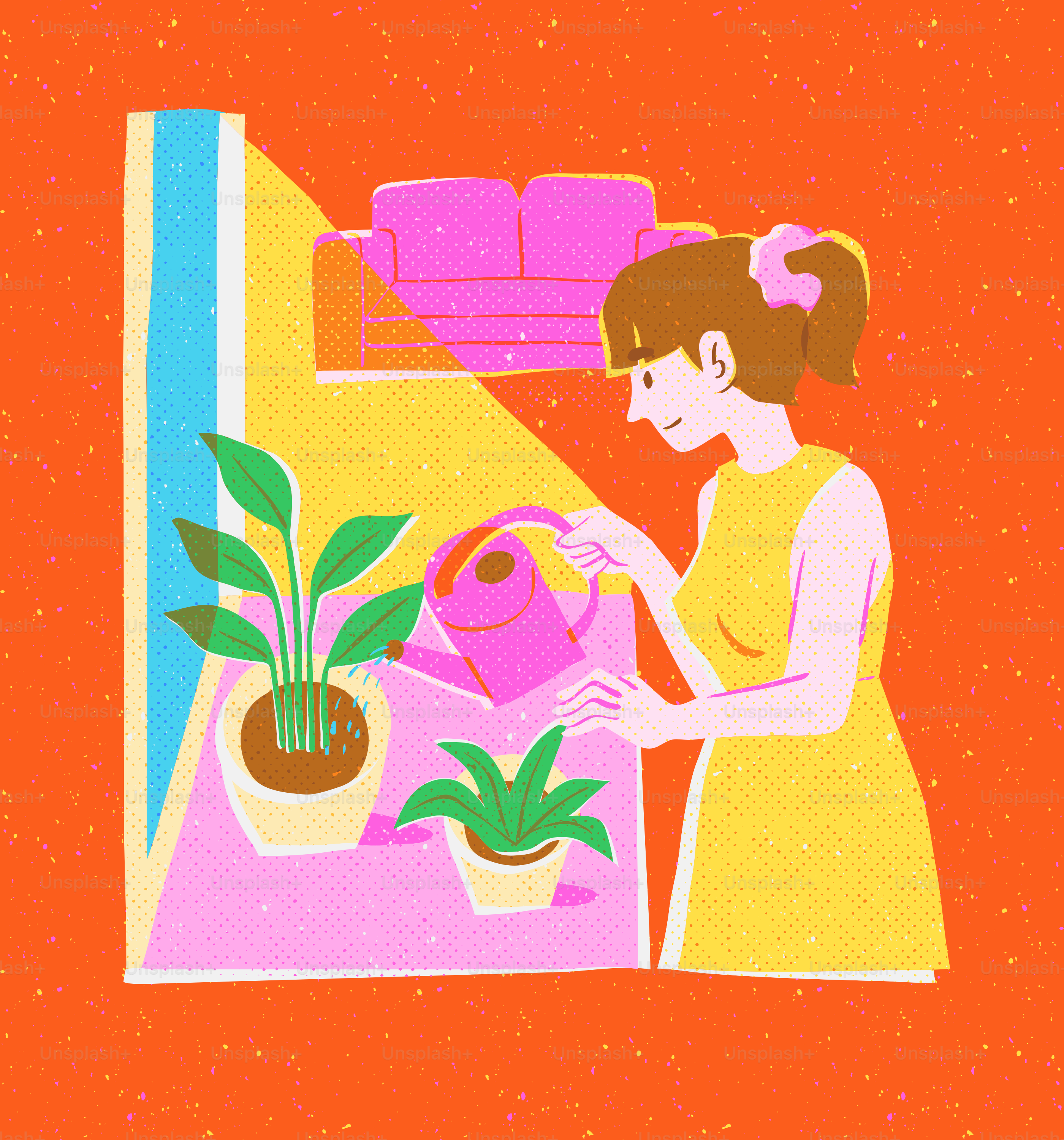 Woman watering plants in a brightly lit room.