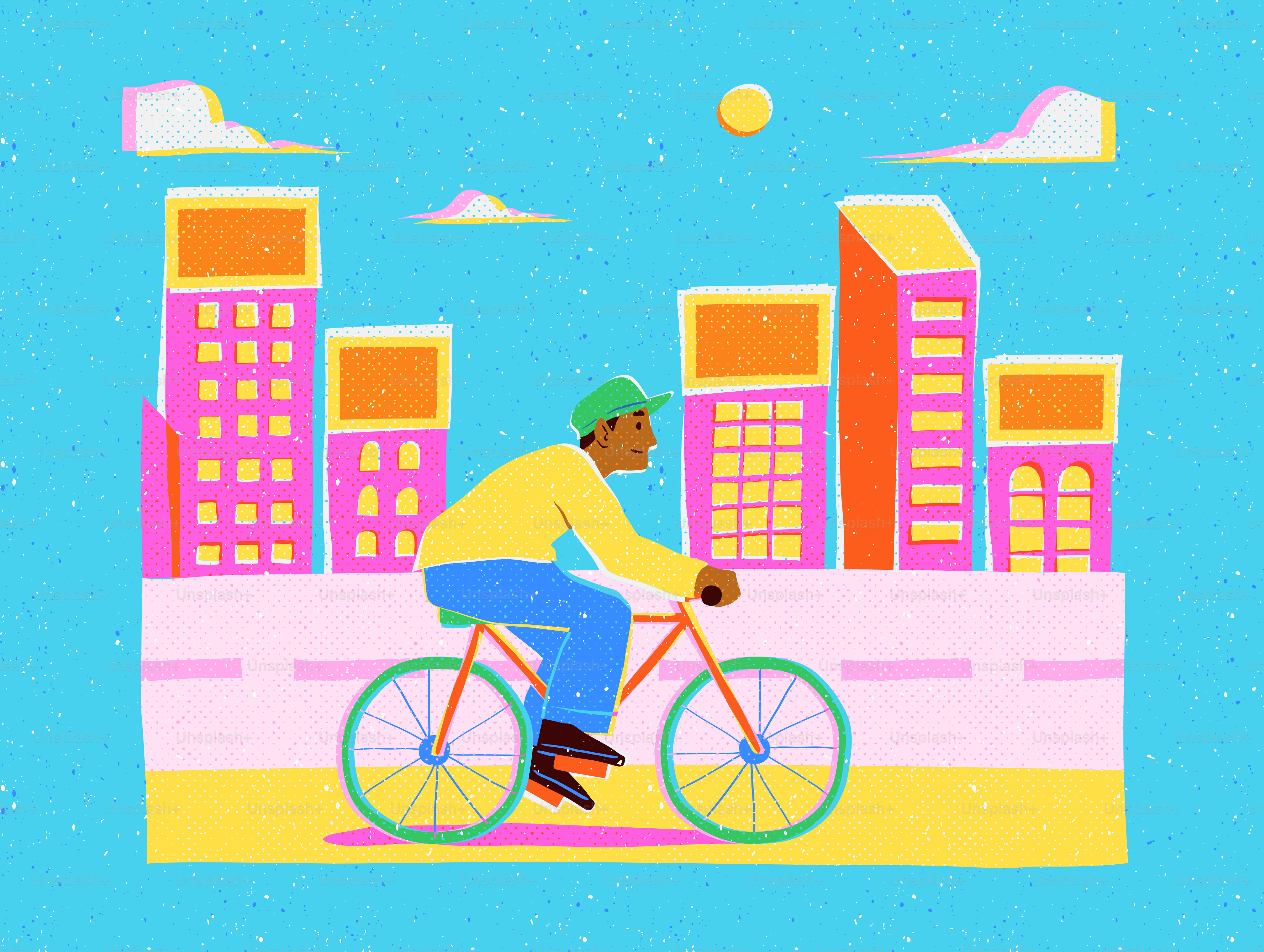 Man rides bicycle past colorful city buildings