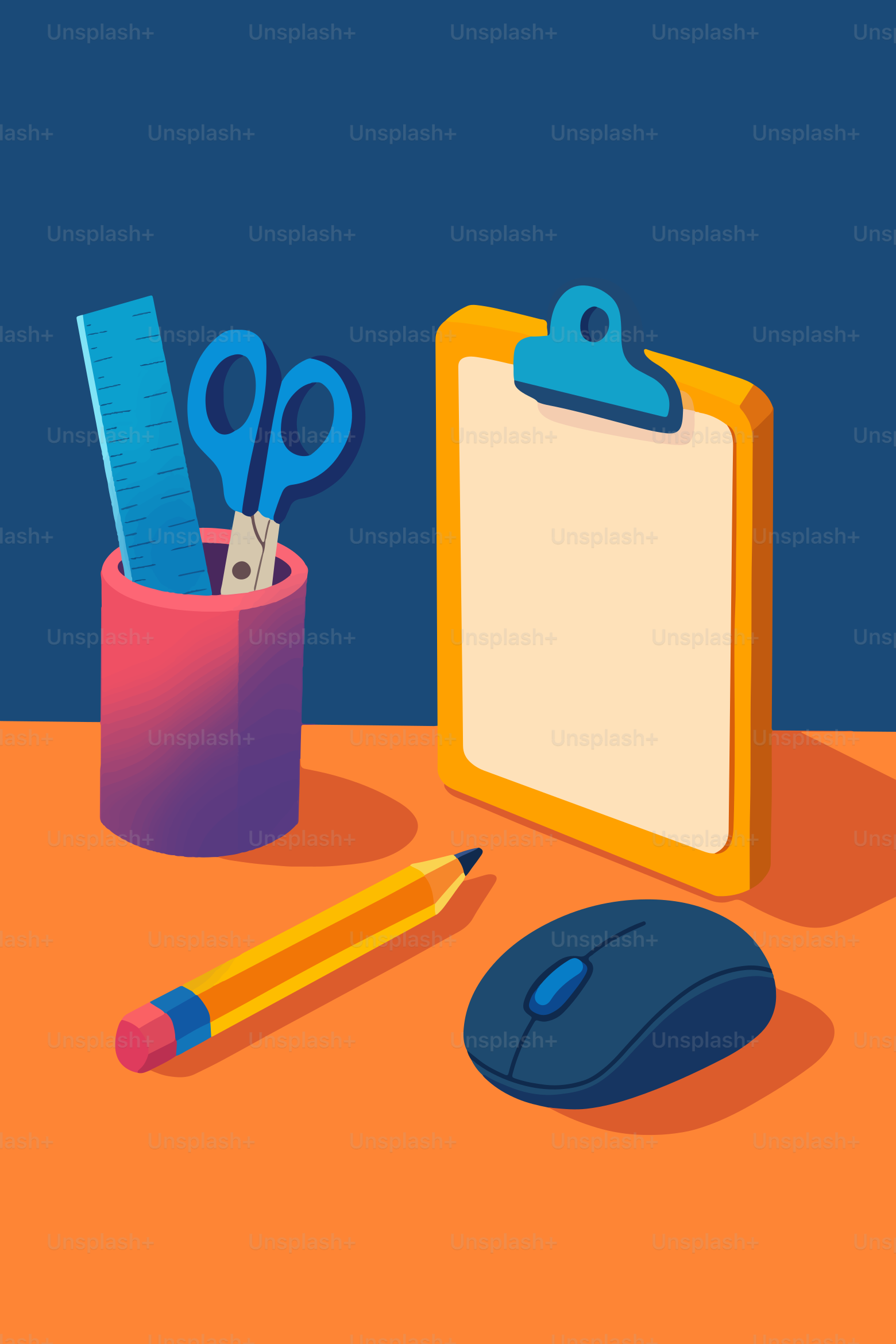 Mesa com material de papelaria, mouse de computador e prancheta.