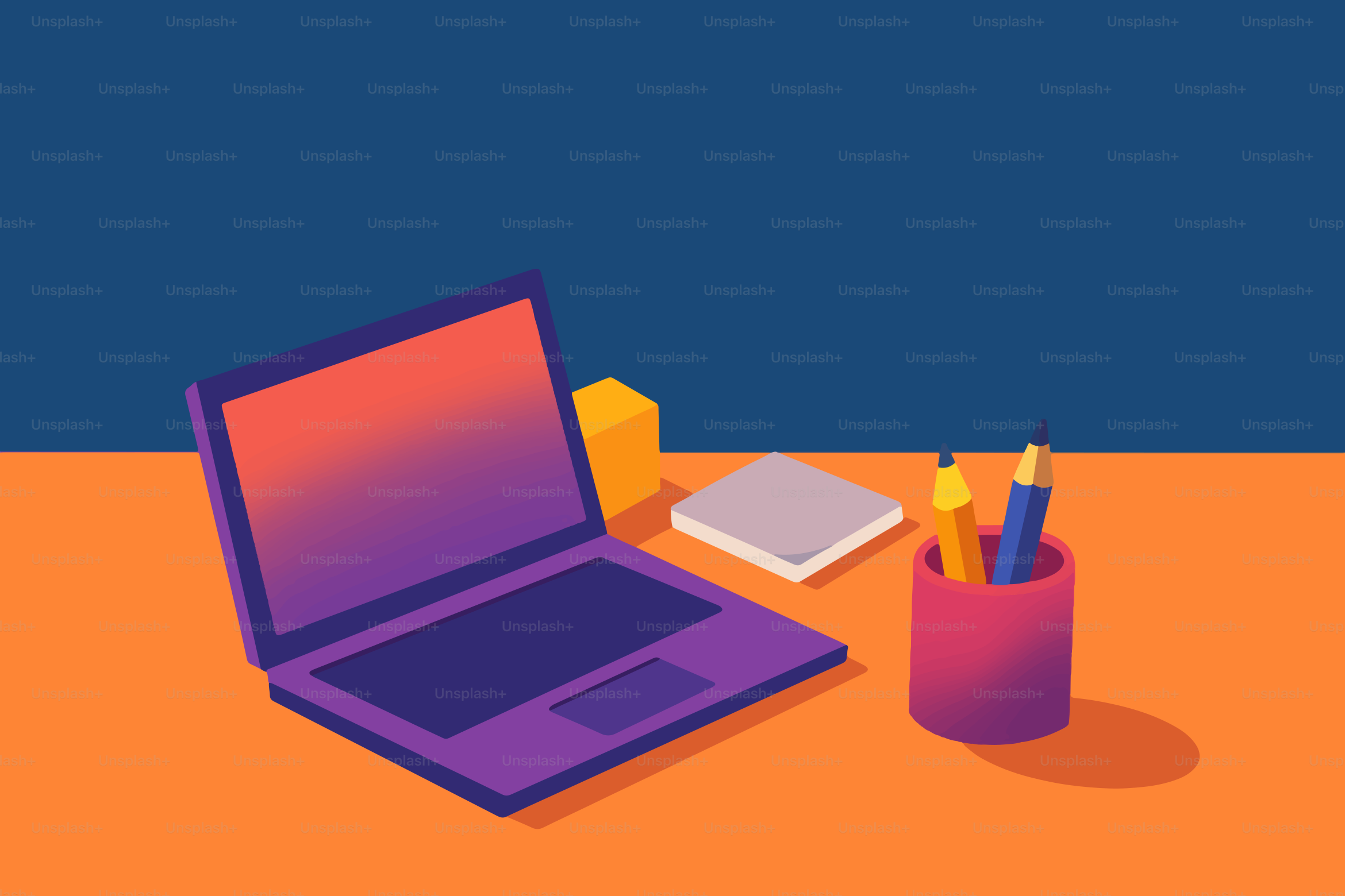 Laptop, pencils, and notebook on an orange desk.