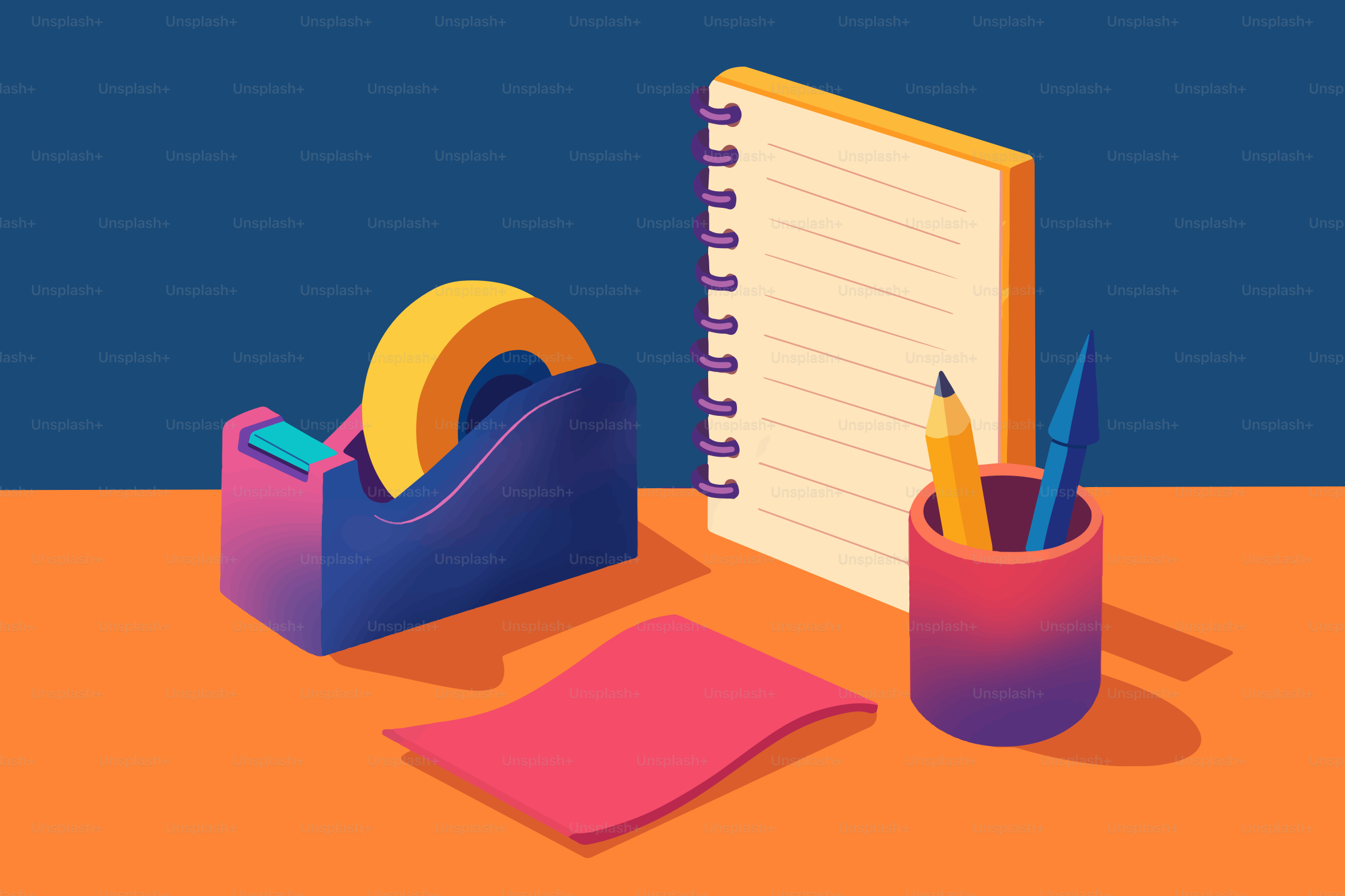 Desk supplies: tape dispenser, notepad, pens, and paper.